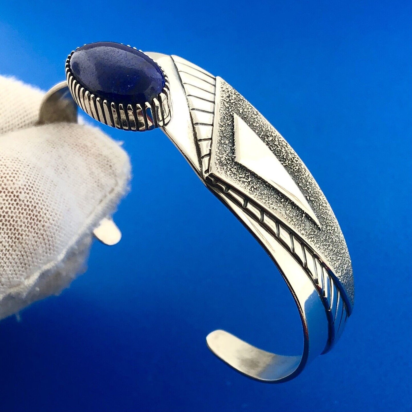 Robert A Lewis Navajo 925 Sterling Silver Lapis Lazuli Modernist Cuff Bracelet