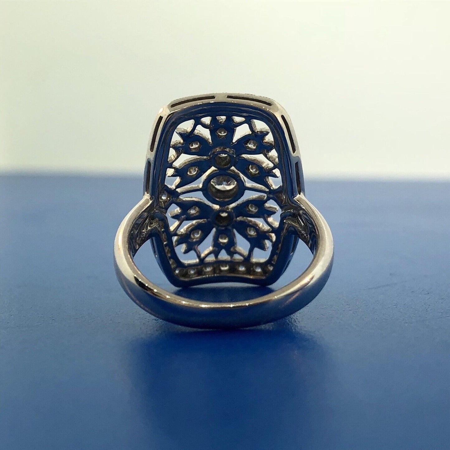 Vintage 18K White Gold Diamond Floral Filigree Statement Finger Ring