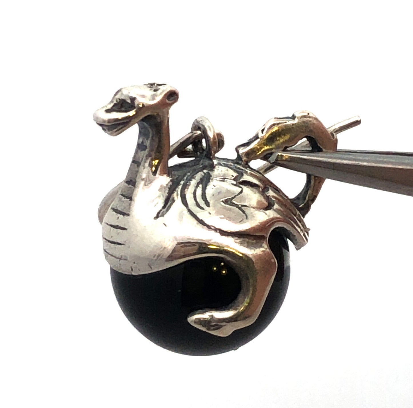 Museum Fine Arts MFA 925 Sterling Silver Round Black Onyx Dragon Globe Earrings
