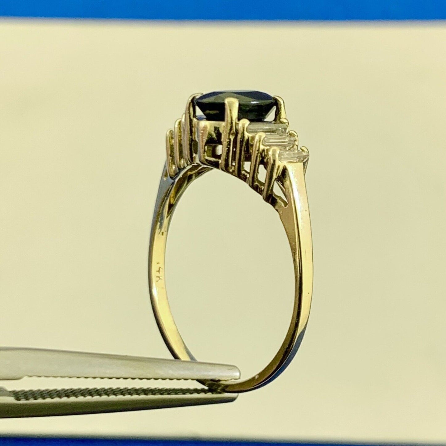 Designer 14K Yellow Gold Oval Sapphire Diamond Accent Anniversary Ring