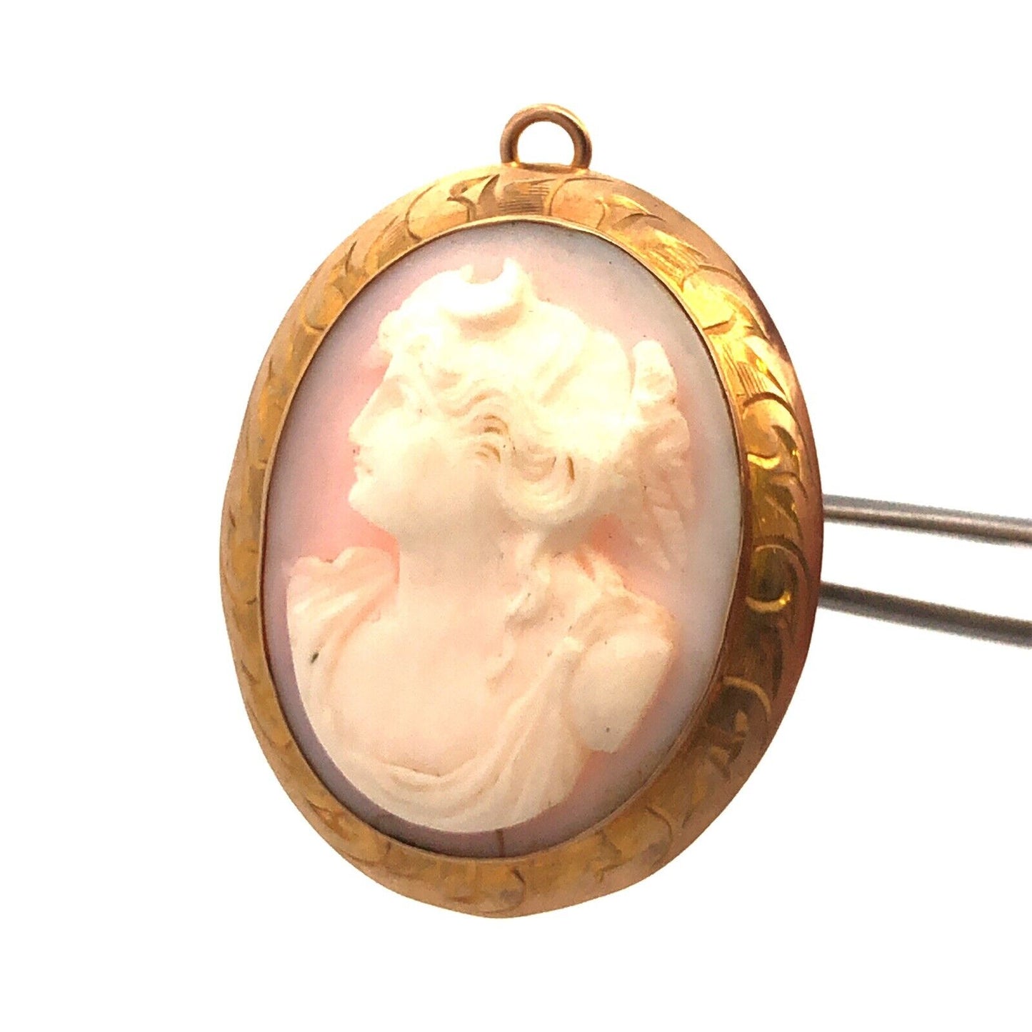 Victorian 10K Yellow Gold Pink Cameo Left Etched Frame Statement Brooch Pendant