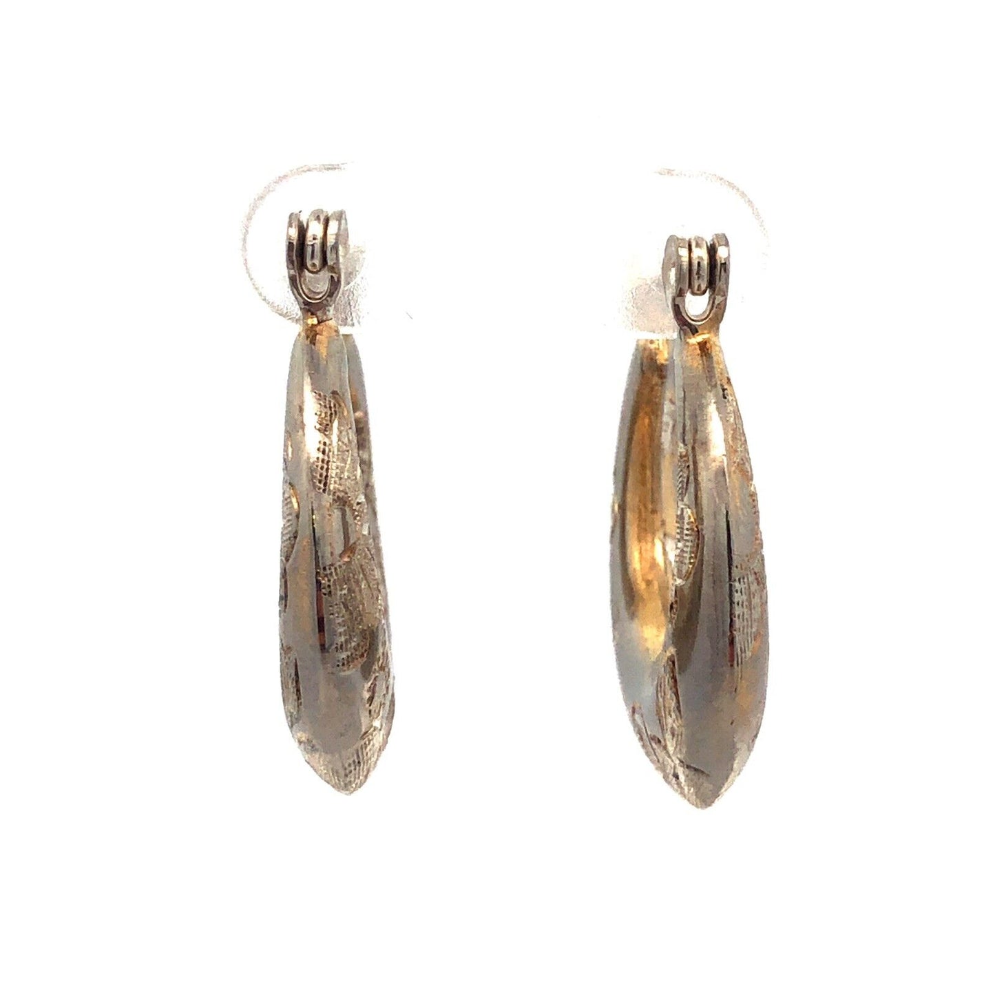 Designer Sterling Silver Floral Etched Polished Florentine Hollow Hoop Earrings