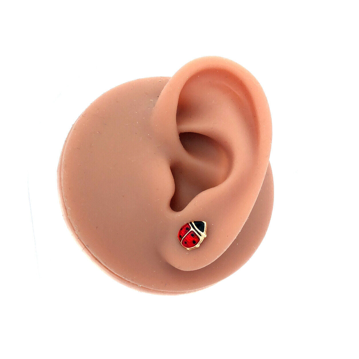 Designer JCM 14KT Yellow Gold Red Black Enamel Lady Bug Stud Earrings