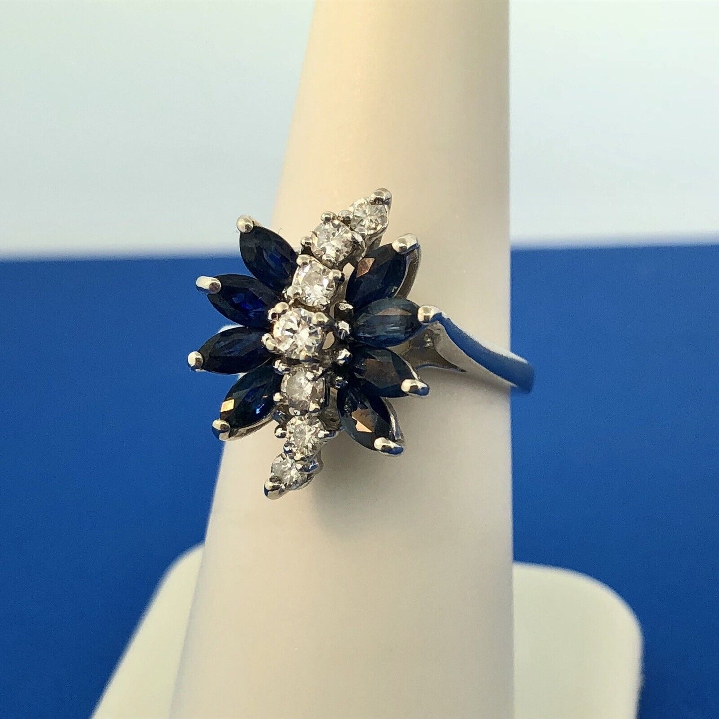 Vintage 14K White Gold Diamond Sapphire Waterfall September Anniversary Ring