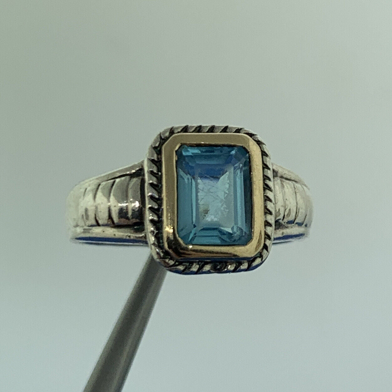 Silpada 14K Yellow Gold 925 Sterling Silver Emerald Cut Blue Topaz Cocktail Ring