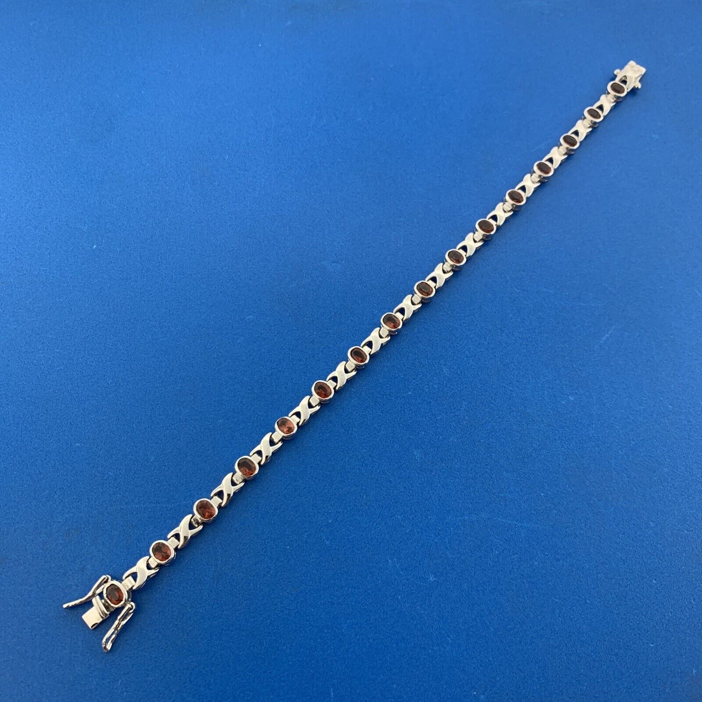 Vintage 925 Sterling Silver Oval Garnet X O January Anniversary Tennis Bracelet