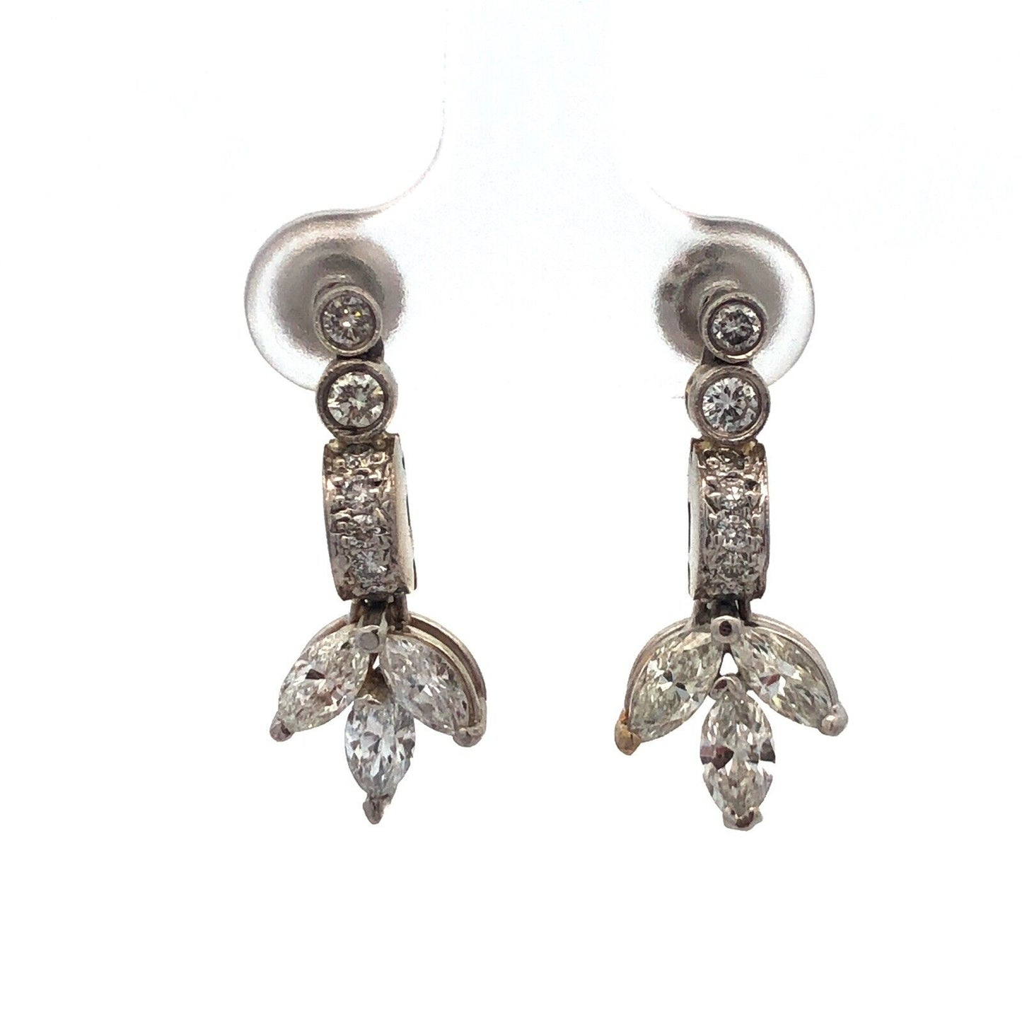 Designer 14K White Gold Diamond Floral Cluster Dangle Pierced Stud Earrings