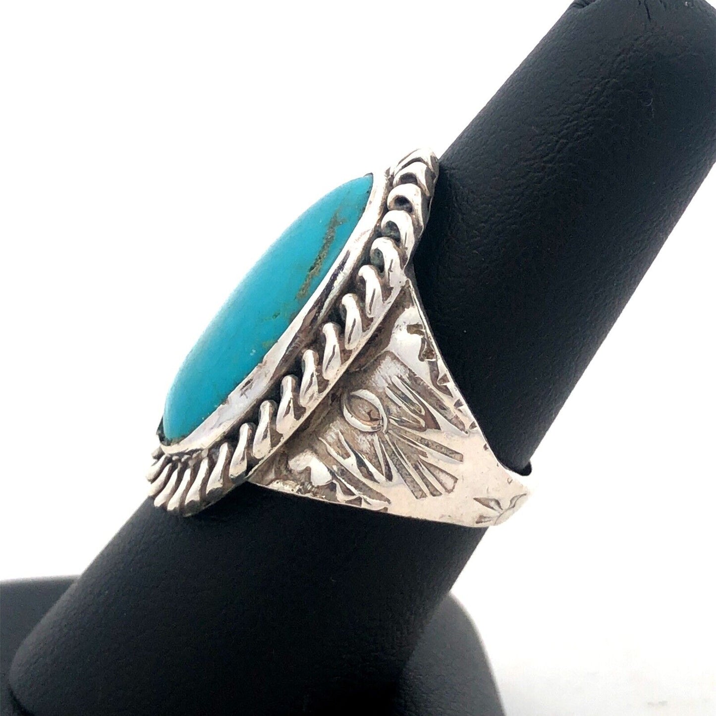 Native American Concho 925 Sterling Silver Oval Turquoise Storyteller Ring