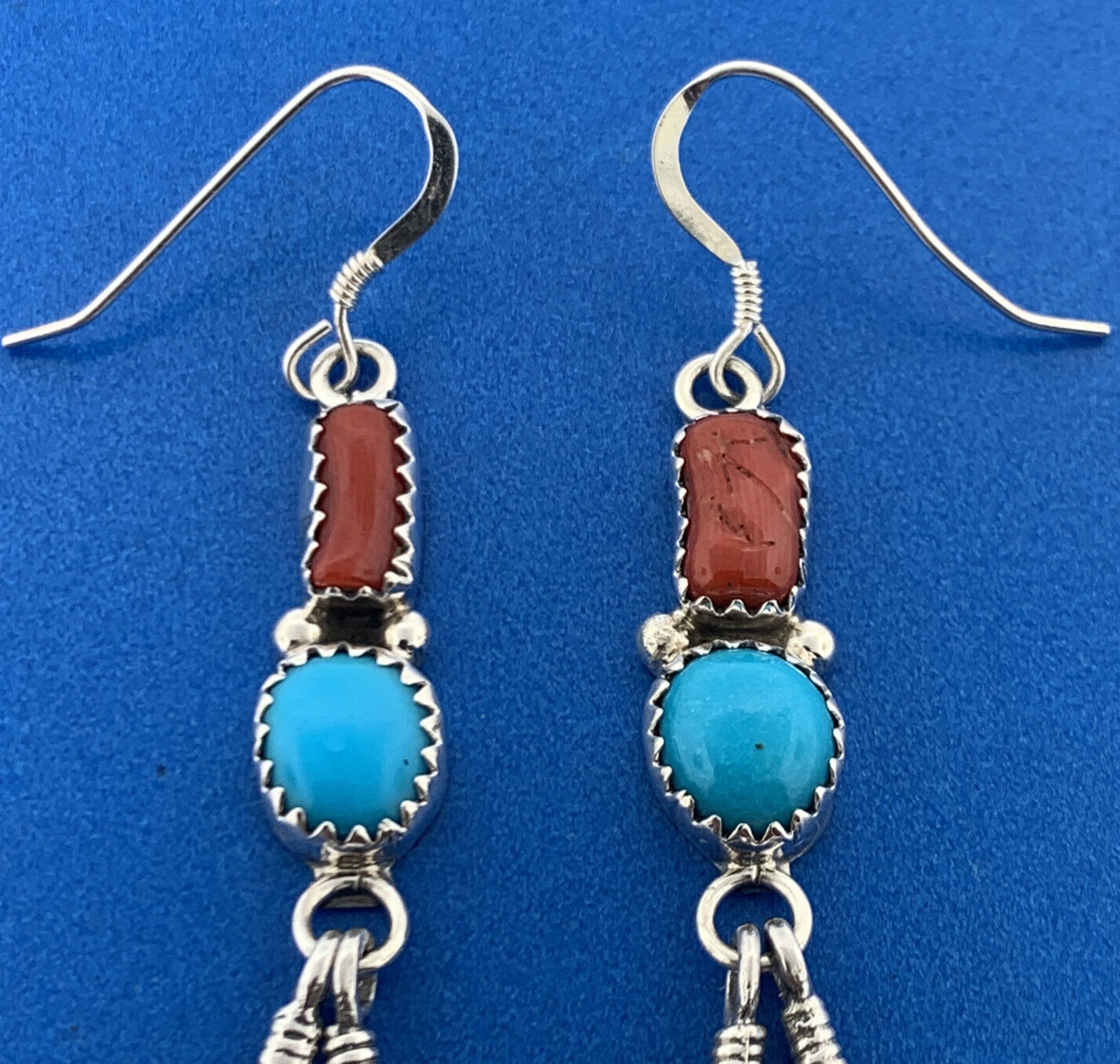 Running Bear Shop Native American 925 Sterling Silver Turquoise Coral Earrings