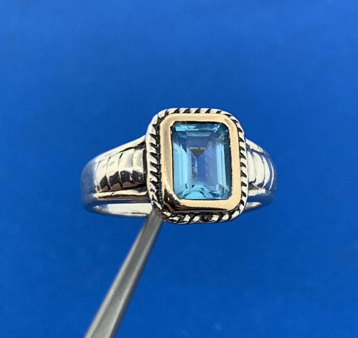 Silpada 14K Yellow Gold 925 Sterling Silver Emerald Cut Blue Topaz Cocktail Ring