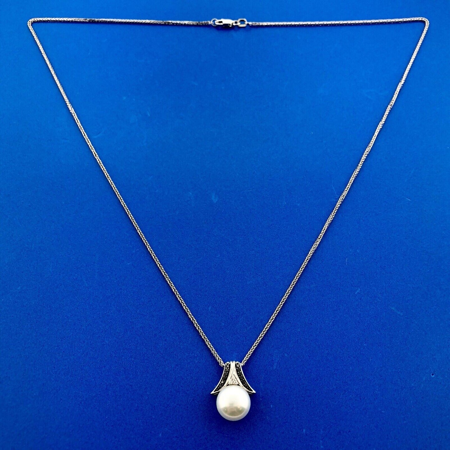 Elegant 14K White Gold Pearl Diamond Black Diamond Bridal Pendant Necklace