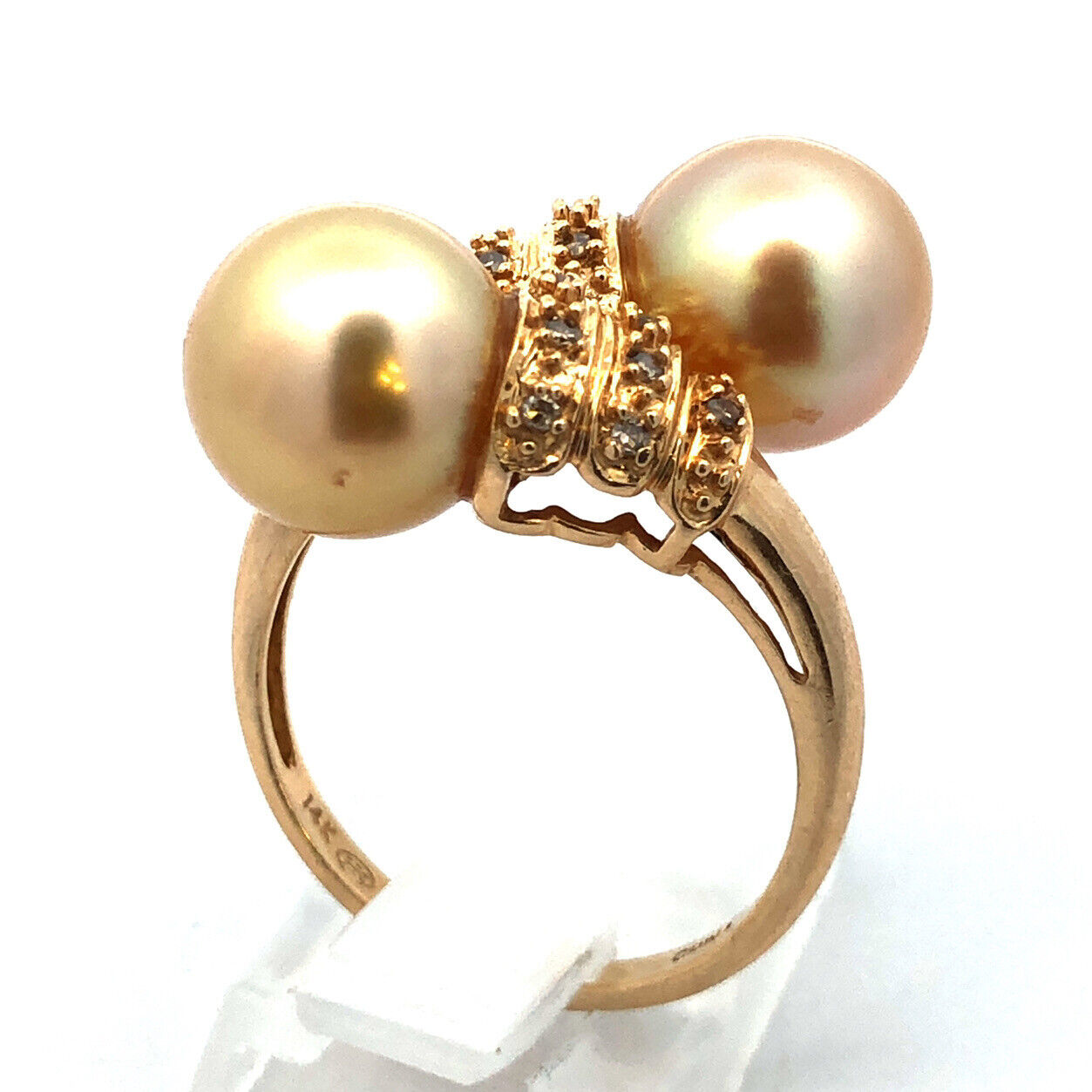 Designer 14K Yellow Gold Champagne Pearl Diamond Accented Bypass Cocktail Ring