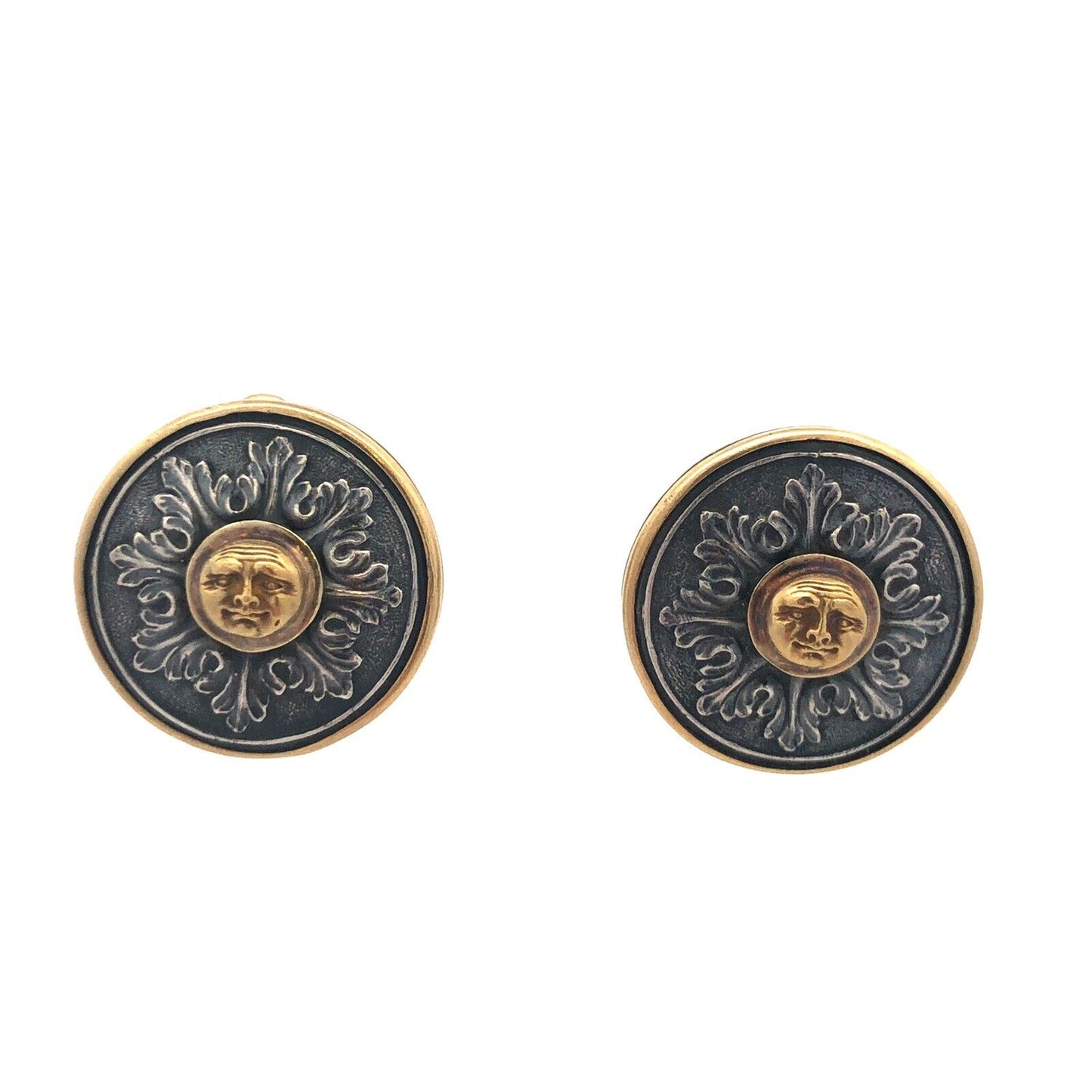 Signed Paul Lantuch 18K Yellow Gold 925 Sterling Silver Mask Disc Earrings