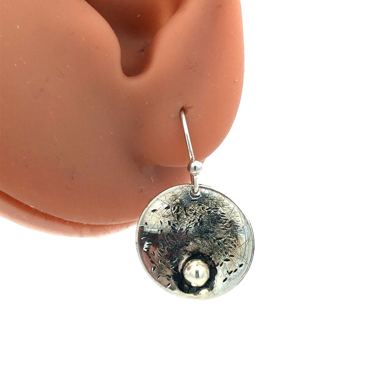 Vintage 925 Sterling Silver Round Textured Modernist Hook Dangle Earrings