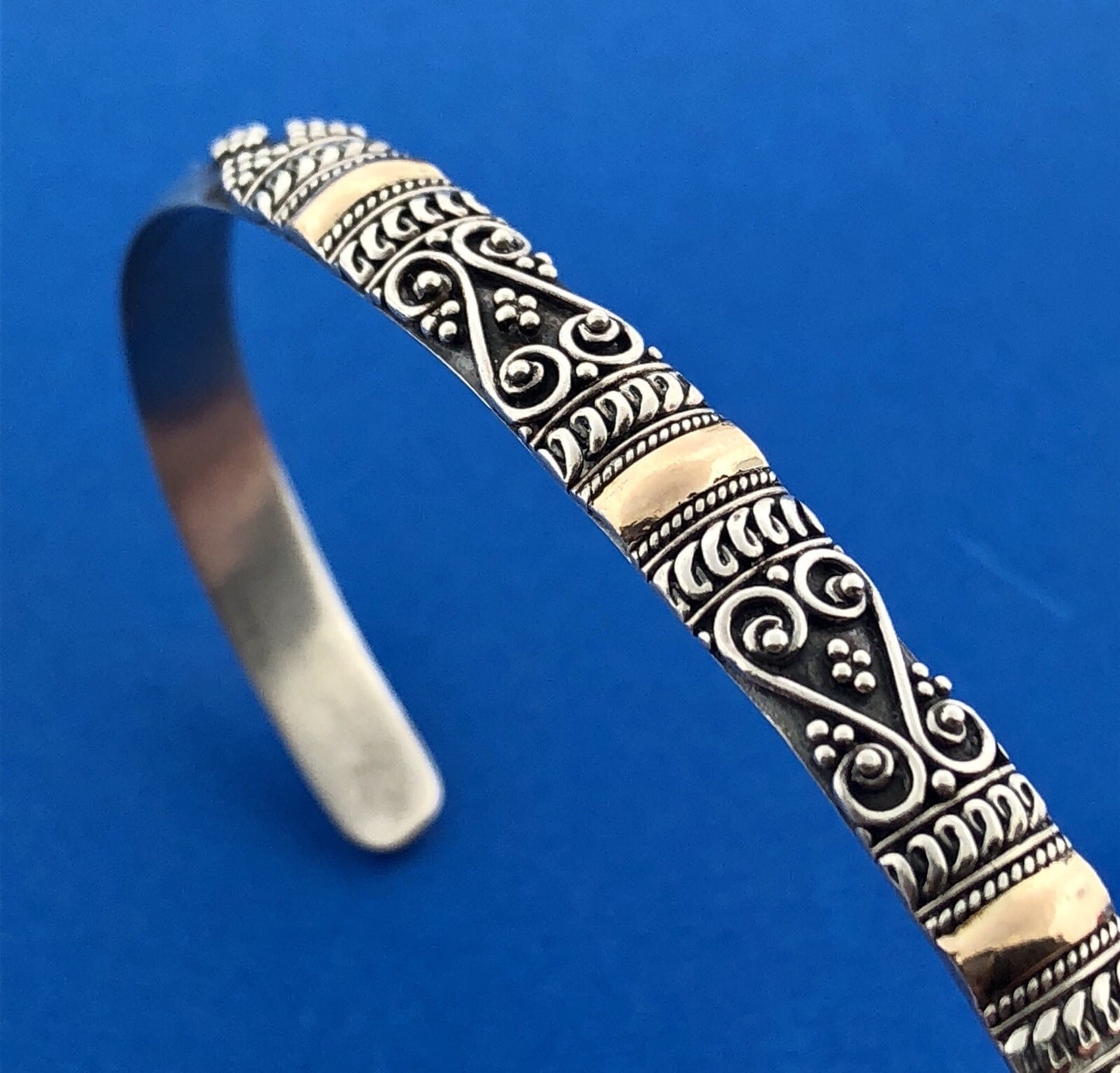 Designer Sterling Silver 18K Yellow Gold Dot Bead Scroll Work Bangle Bracelet