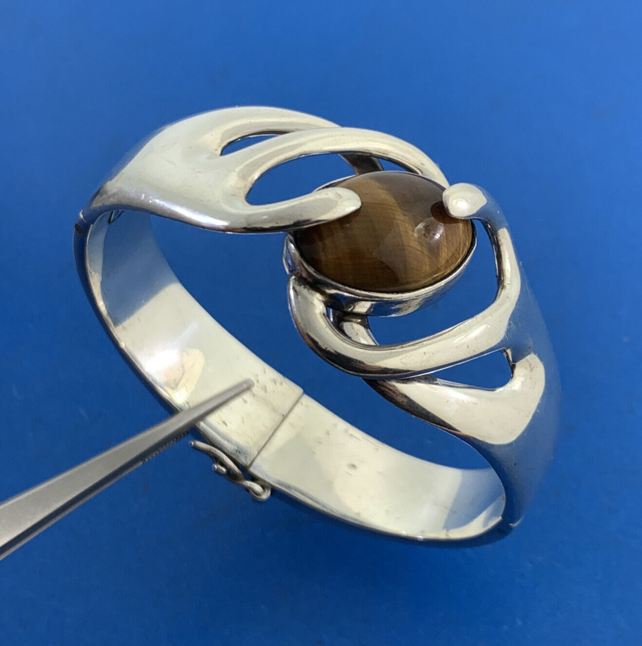 Sigfrido Pineda Taxco Modernist Sterling Silver Tigers Eye Hinged Cuff Bracelet