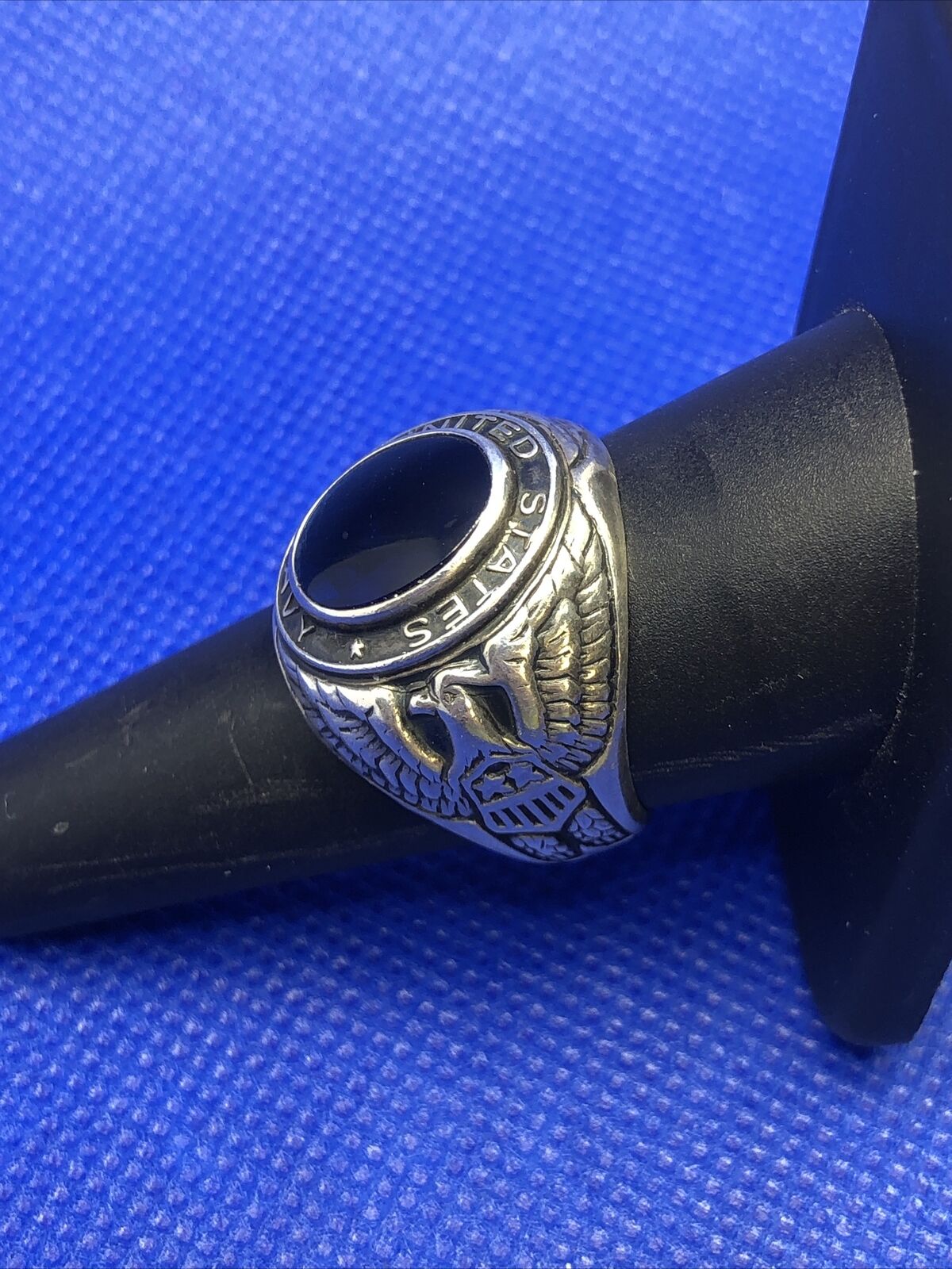 Designer Sterling Silver Oval Blue Glass United States Navy Insignia Dome Ring