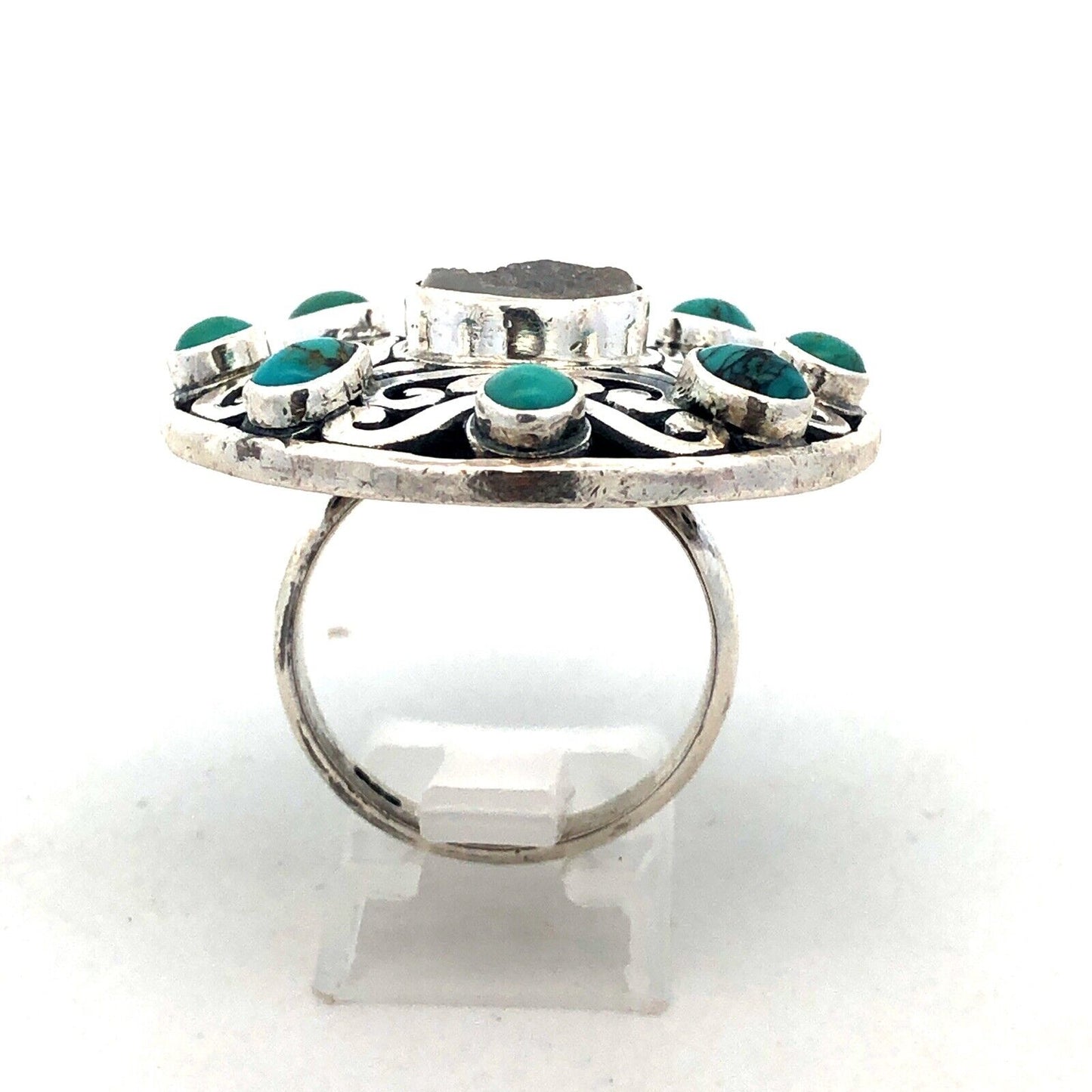 Native American 925 Sterling Silver Turquoise Druzy Quartz Round Statement Ring