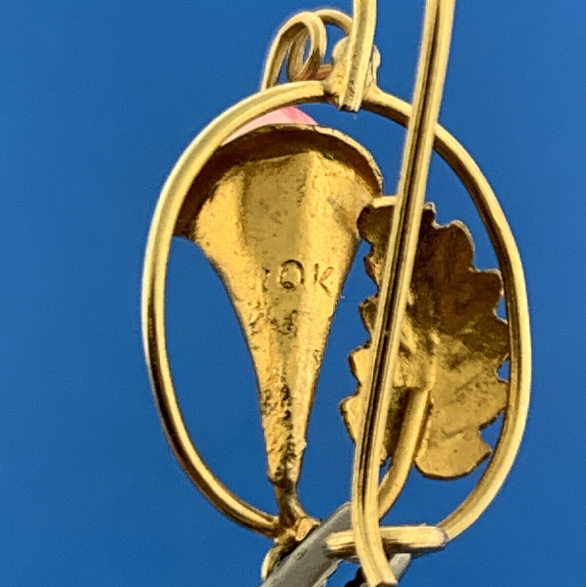 Art Nouveau Art Deco 10K Yellow Gold Pink Baroque Pearl Drop Dangle Hook Earring