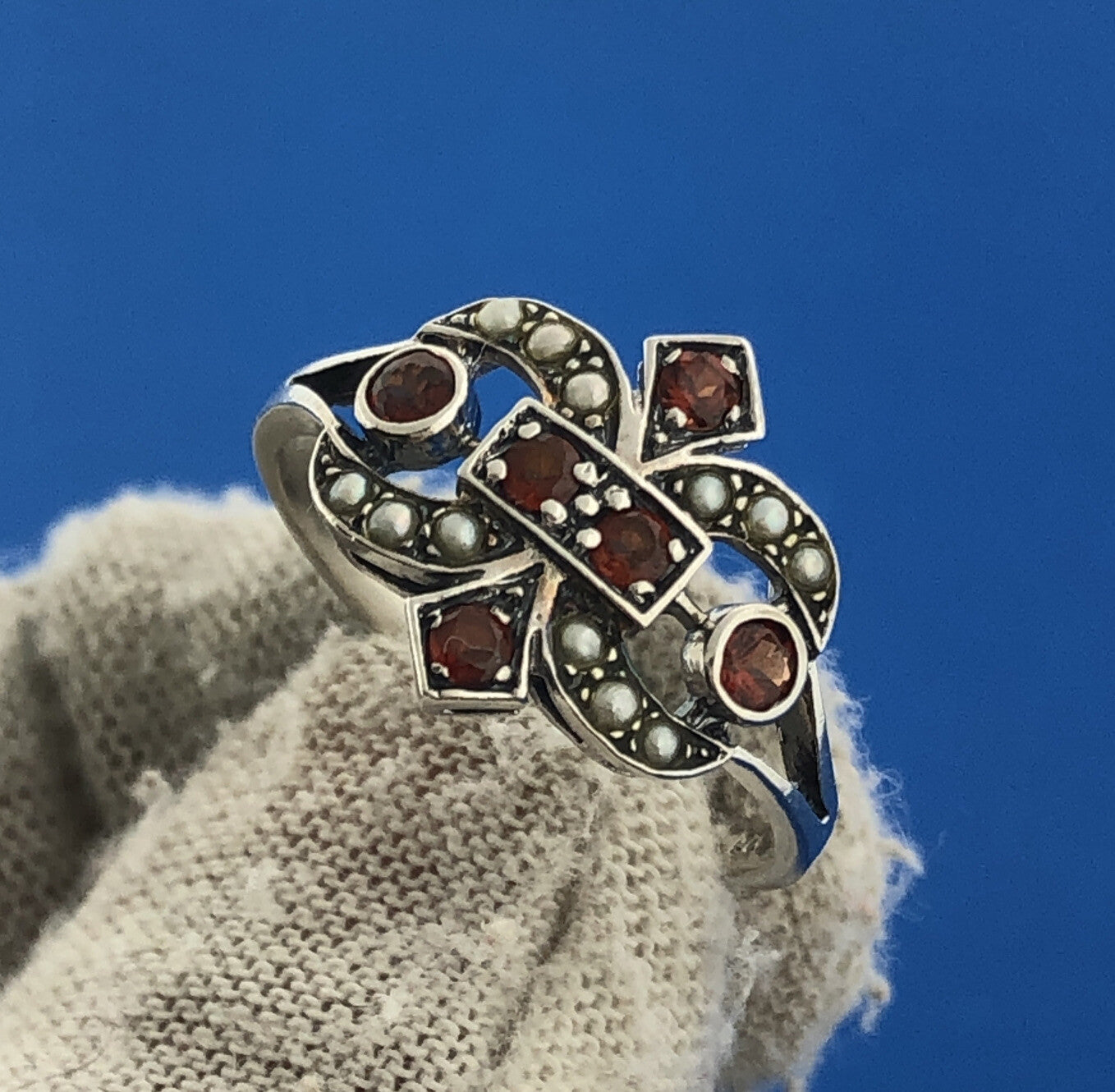 Vintage Sterling Silver 925 Orange Crystal Seed Pearl Fleur De Lis Ring