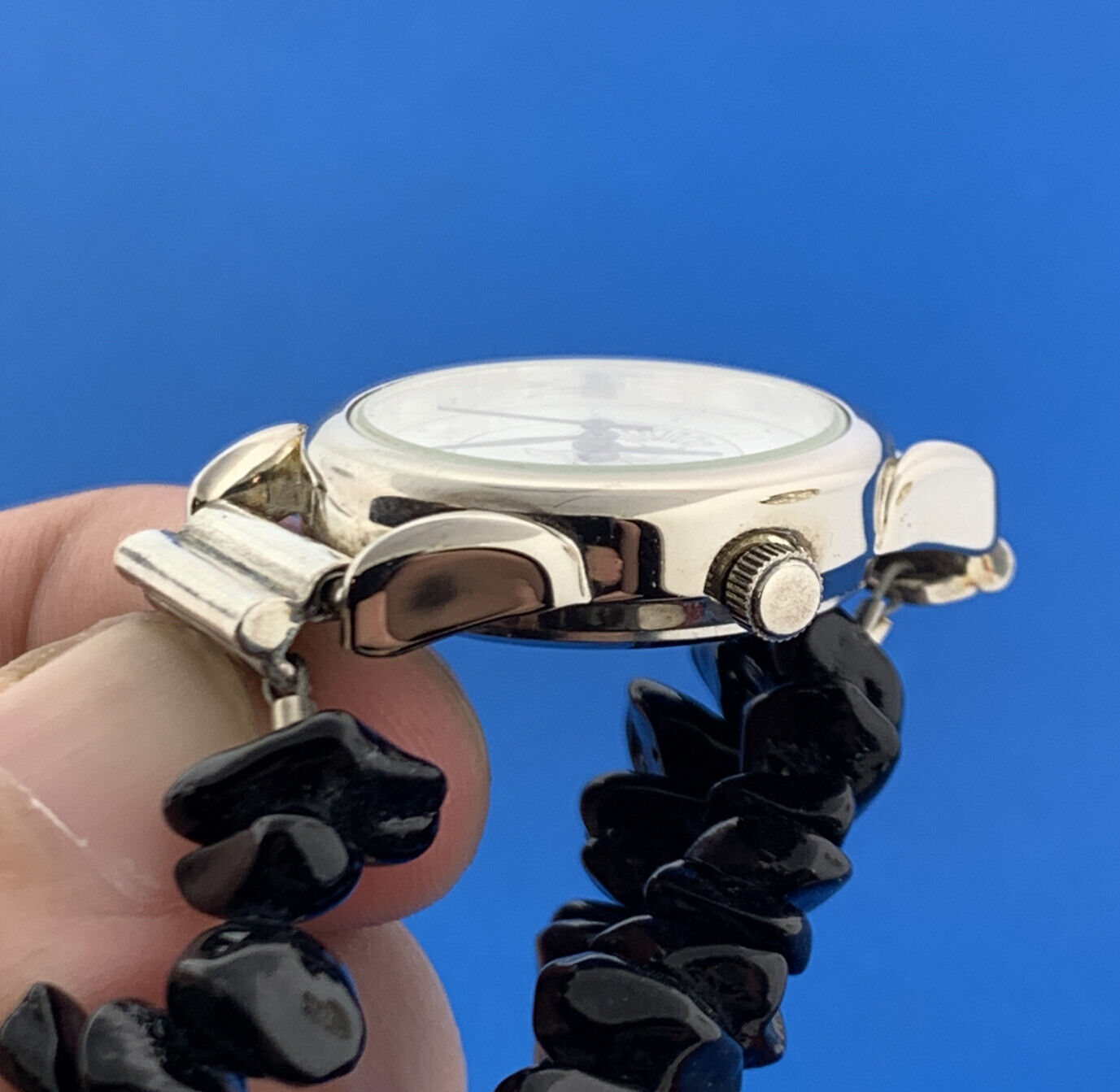 Kokopelli Dancing Flute Player 8" Black Shard Stainless Steel Wristwatch Running