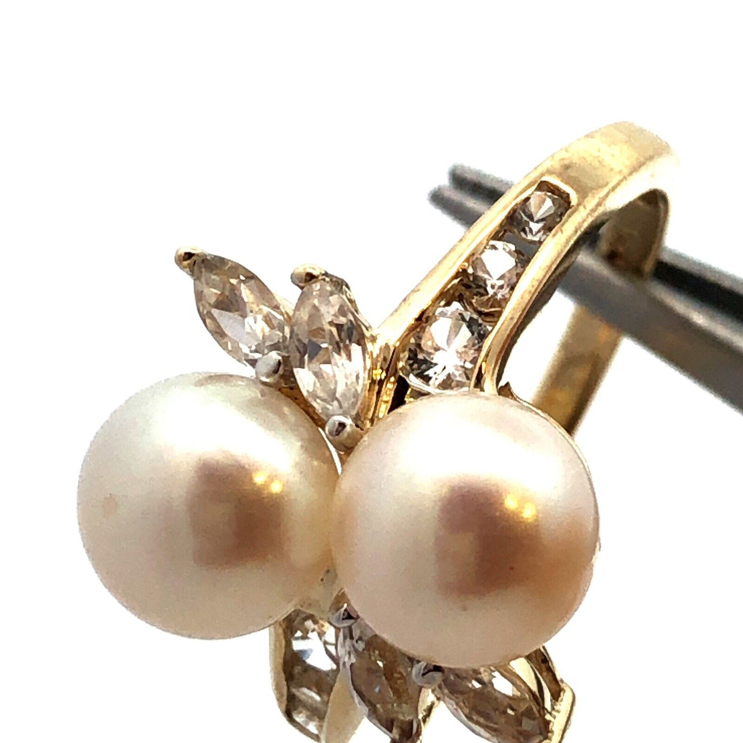 Designer AV 10K Yellow Gold Round White Pearl Duo Marquise Topaz Accent Ring