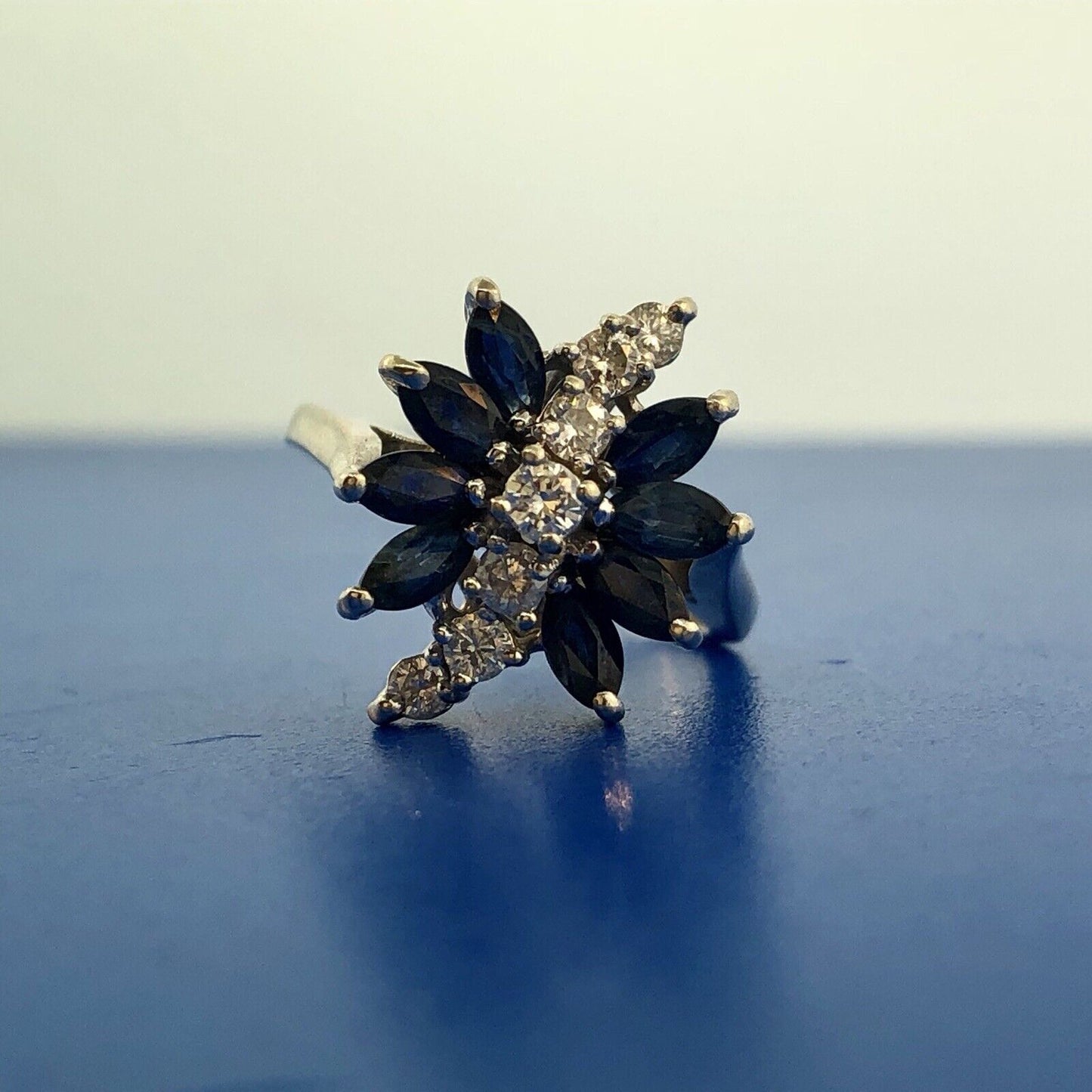 Vintage 14K White Gold Diamond Sapphire Waterfall September Anniversary Ring