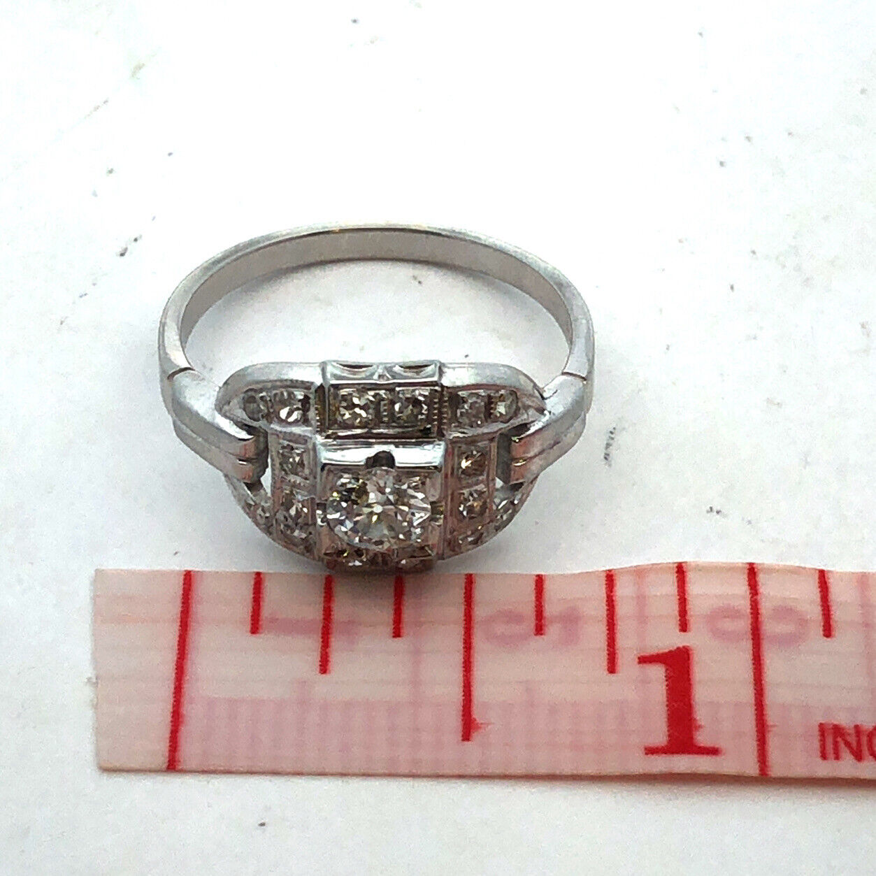 Vintage 18K White Gold Round Diamond Art Deco Statement Engagement Ring