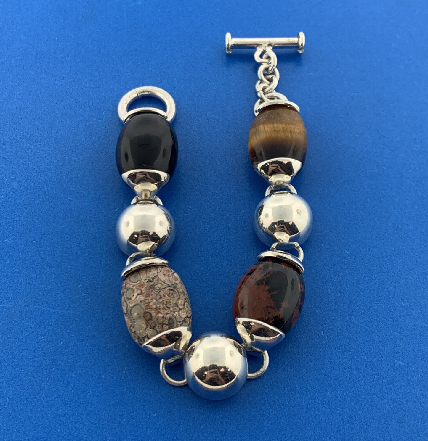 Stunning Mexican Sterling Silver 925 Oval Agate Jasper Onyx Quartz 7.5" Bracelet