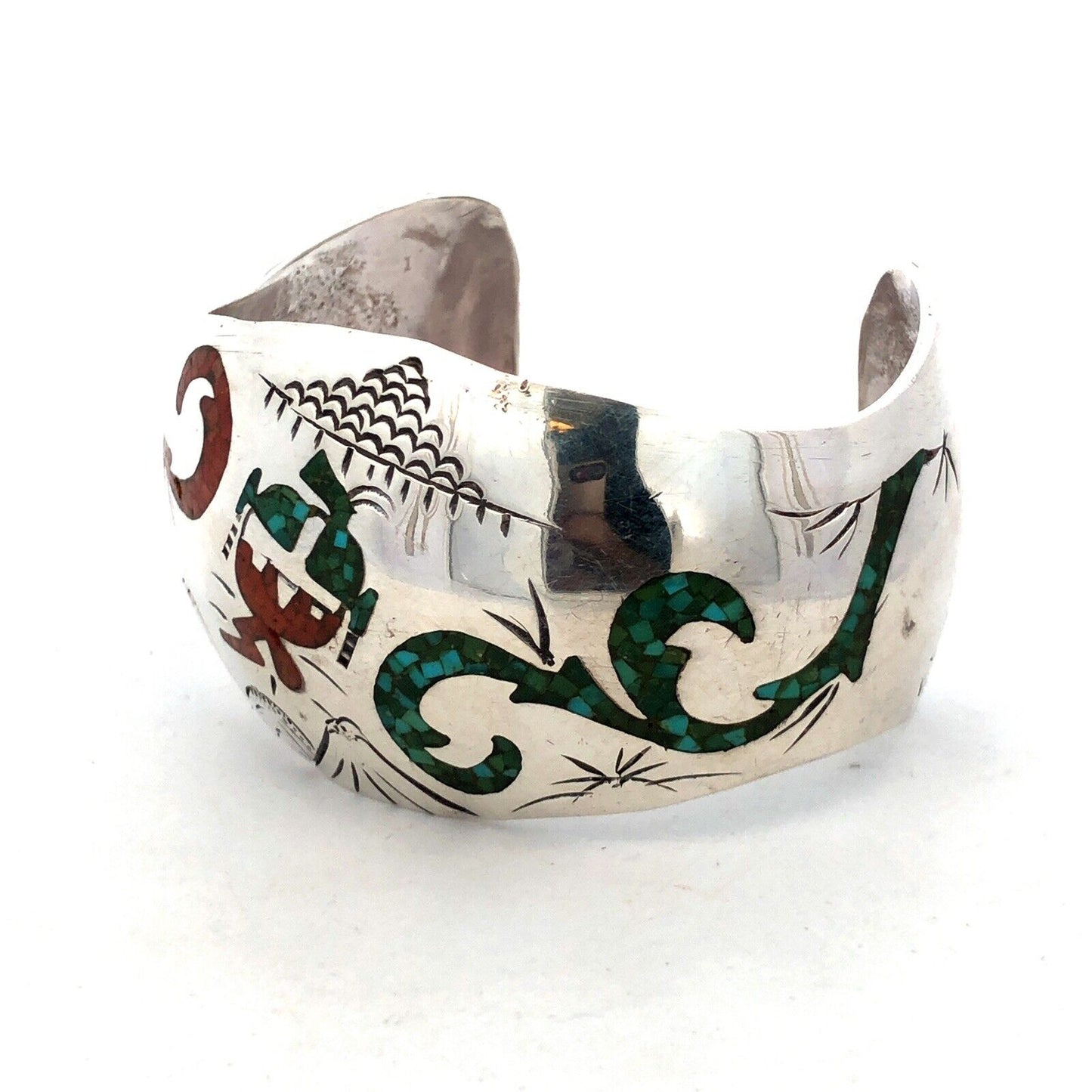 Native American BT 925 Sterling Silver Turquoise Coral Storyteller Cuff Bracelet