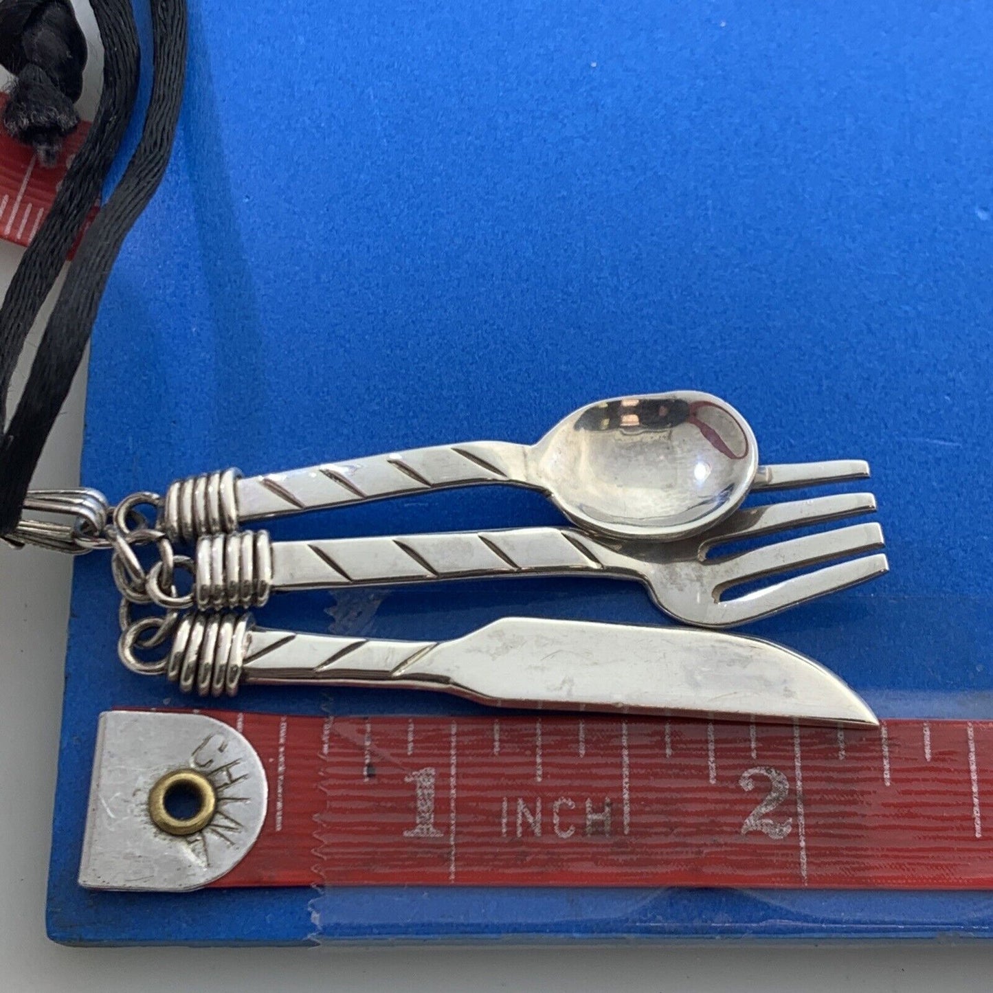 Taxco Mexico 925 Sterling Silver Knife Spoon Fork Cord Necklace
