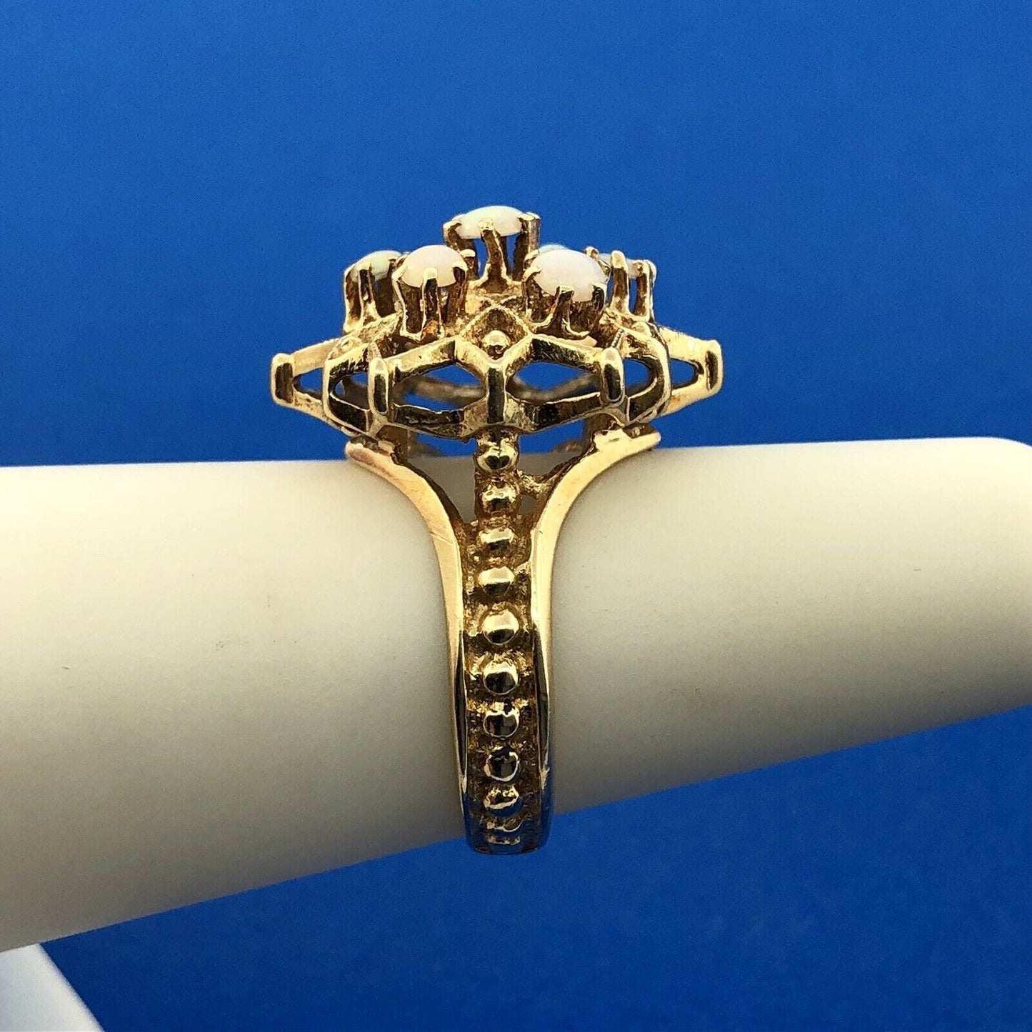 Art Nouveau 14K Yellow Gold Opal Star Flower Cluster October Etruscan Style Ring