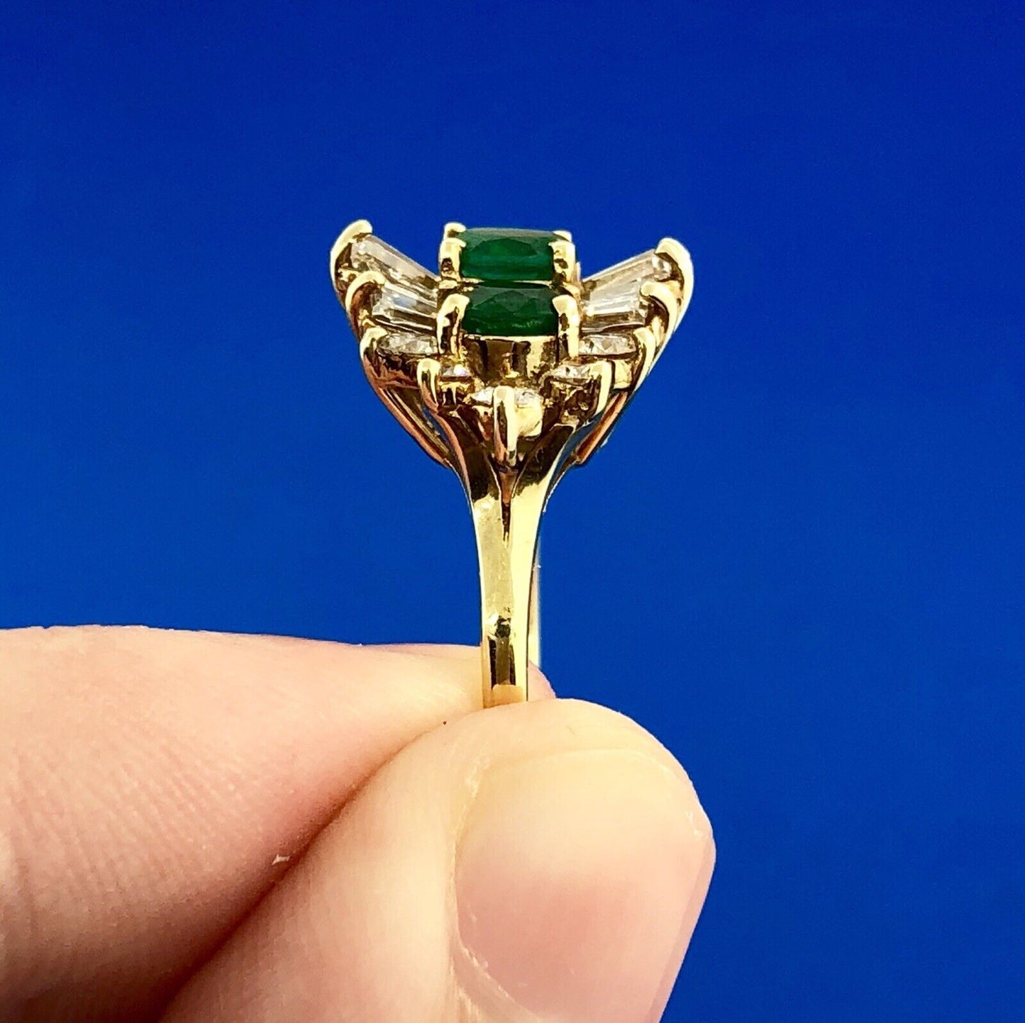 Vintage 14k Yellow Gold Three Oval Emerald Ring w/ Round & Baguette Diamonds