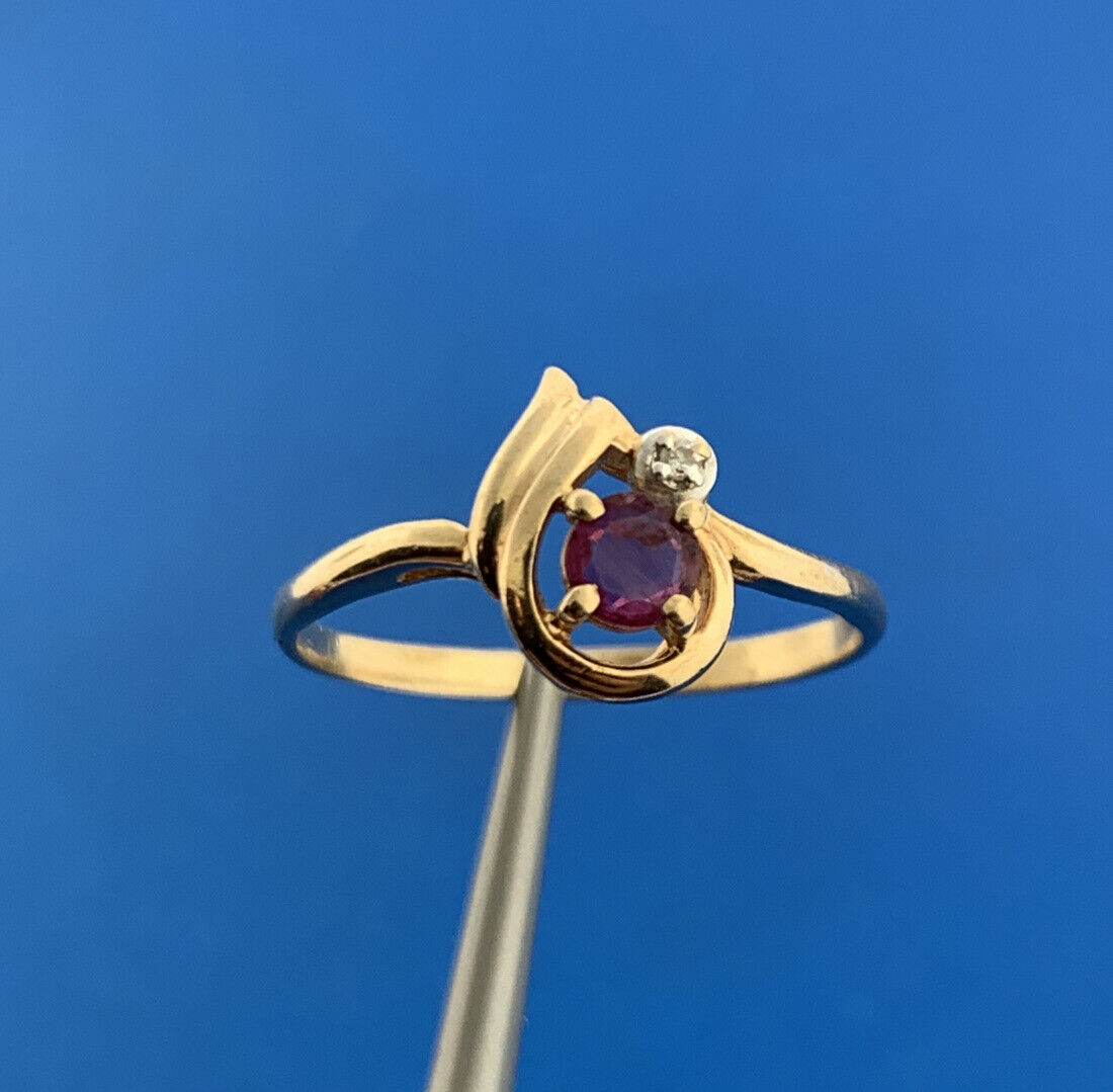 Vintage 10K Yellow Gold Ruby Solitaire Diamond Accented July Anniversary Ring