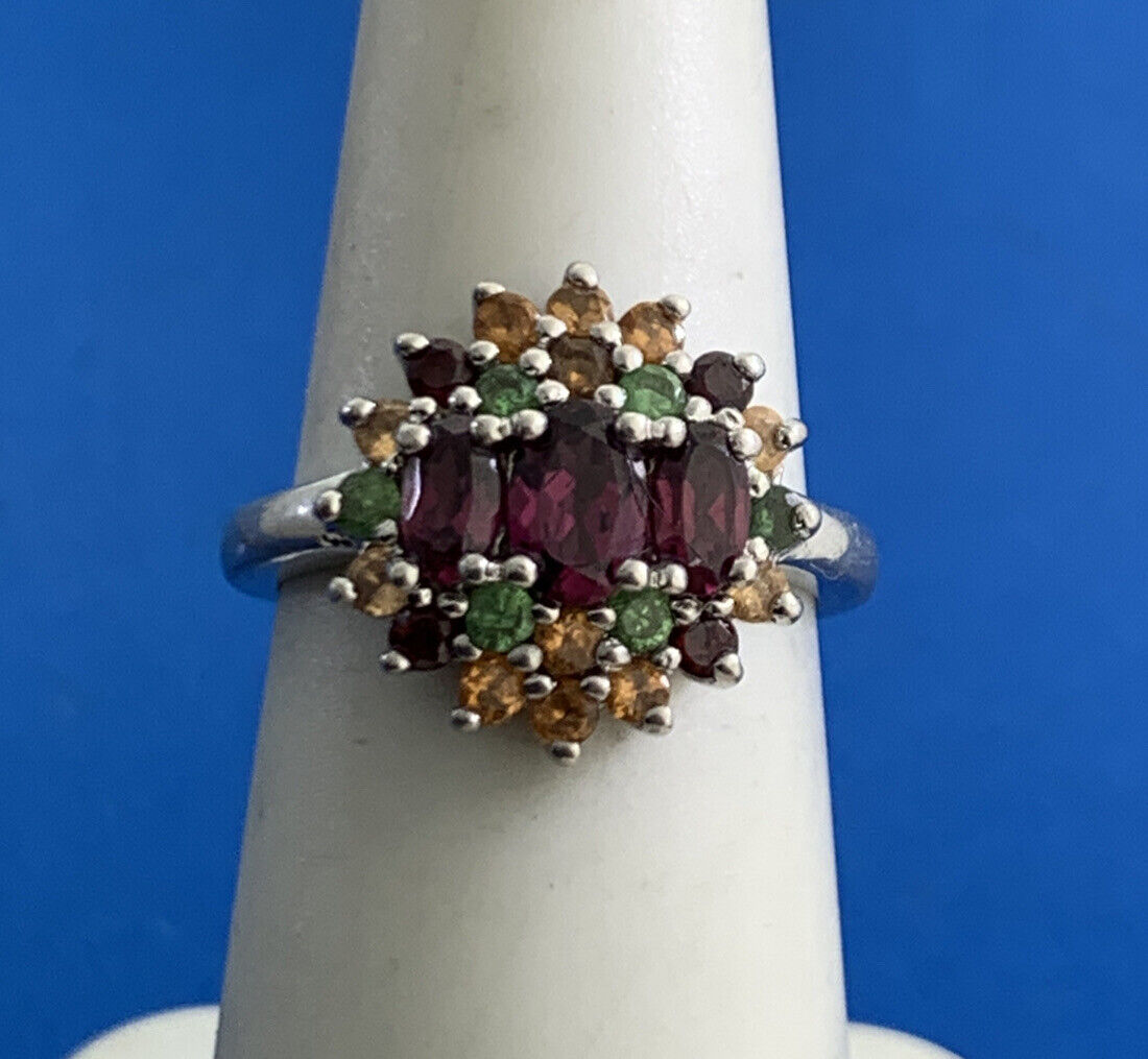 Designer 925 Sterling Silver Mixed Gemstone Floral Cluster Cocktail Ring