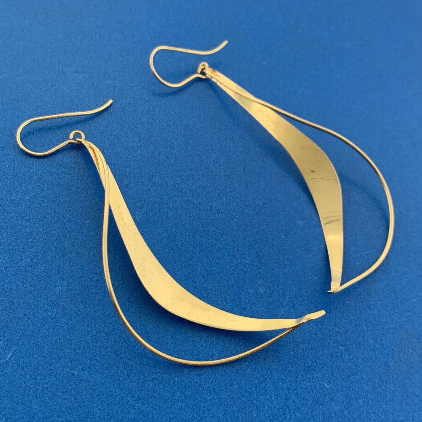 Designer NABCO 14K Yellow Gold Modernist Open Wave Statement Dangle Earrings