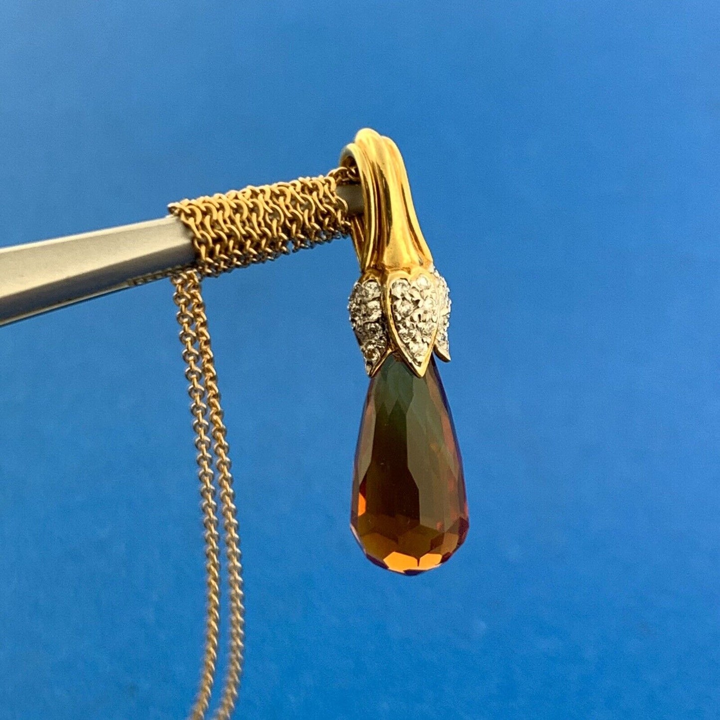 Gorgeous 18k Yellow Gold Orange Citrine Diamond Accent Floral 16" Chain Necklace