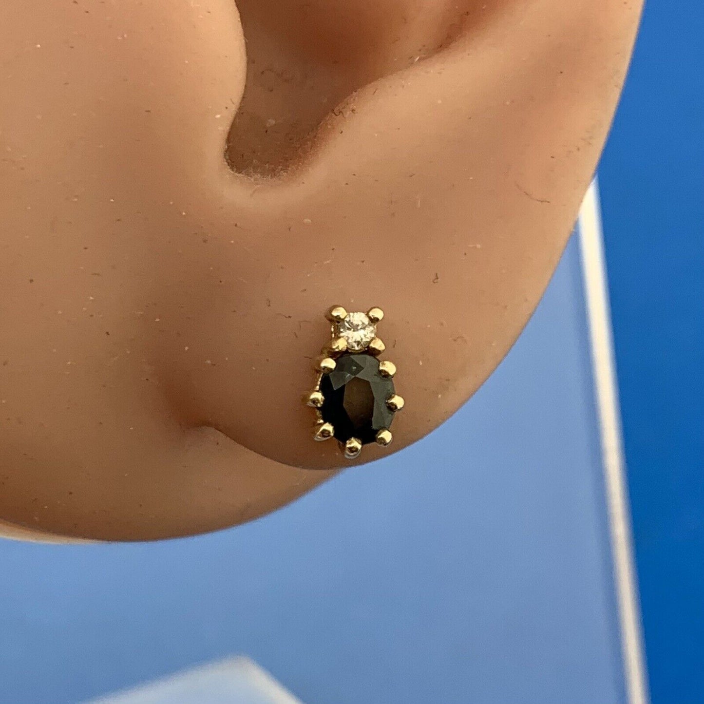 14K Yellow Gold Oval Blue Sapphire Diamond Accent Stud Earrings