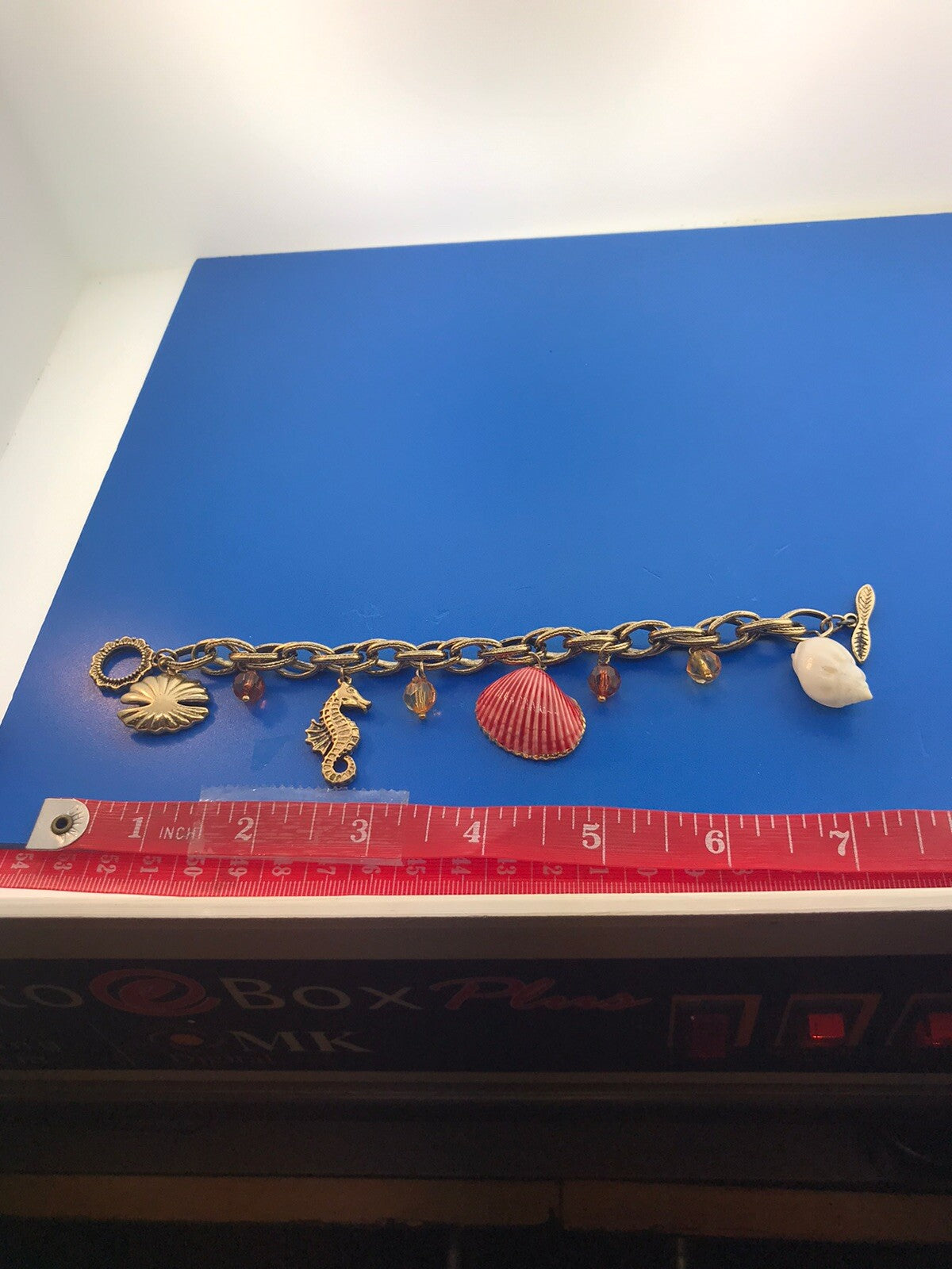 Retro Gold Tone Seashore Ocean Beach Sea Horse Theme Beads Toggle Charm Bracelet