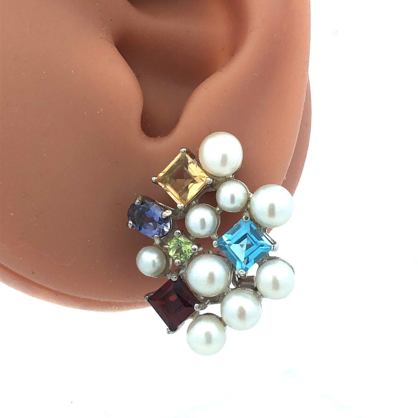 Ross Simons 925 Sterling Silver Pearl Multi Gemstone Cluster Stud Earrings