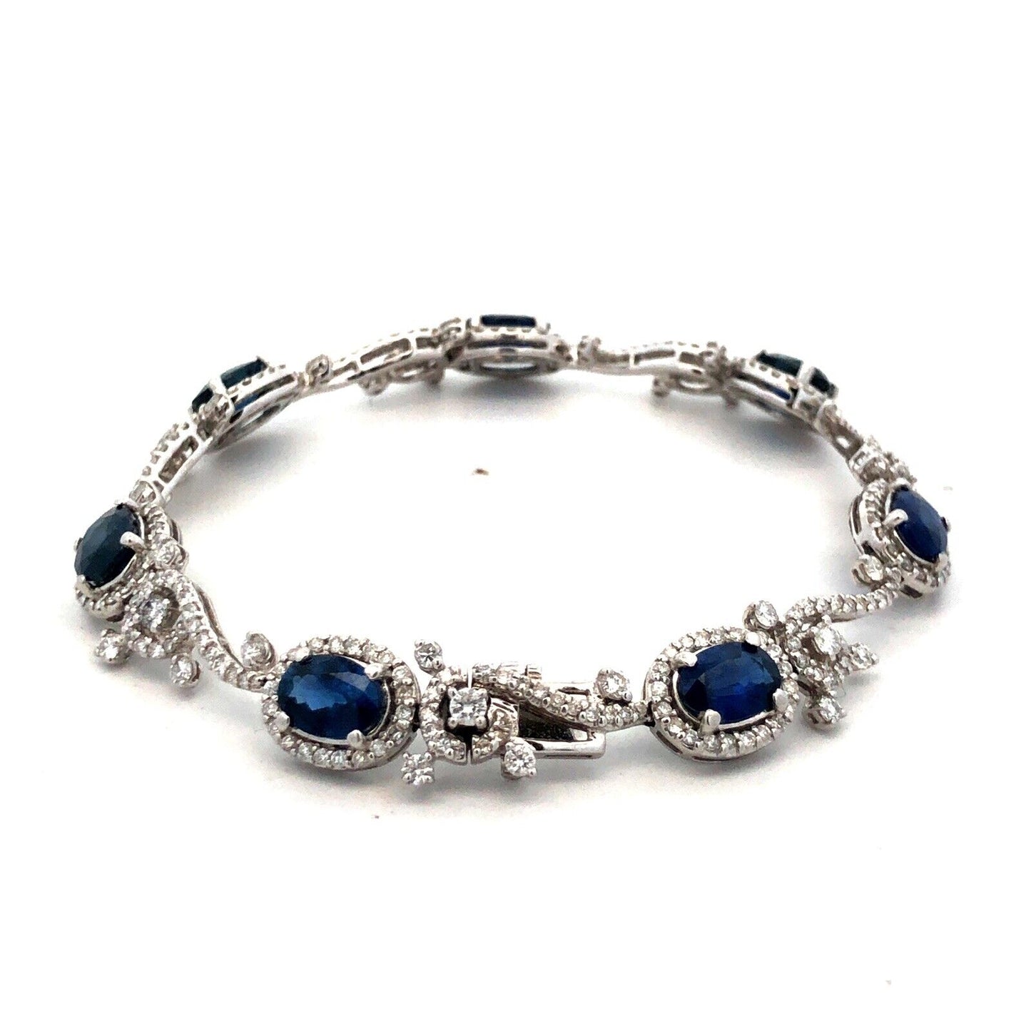 Designer K 18K White Gold Oval Blue Sapphire Diamond Swirl Tennis Bracelet