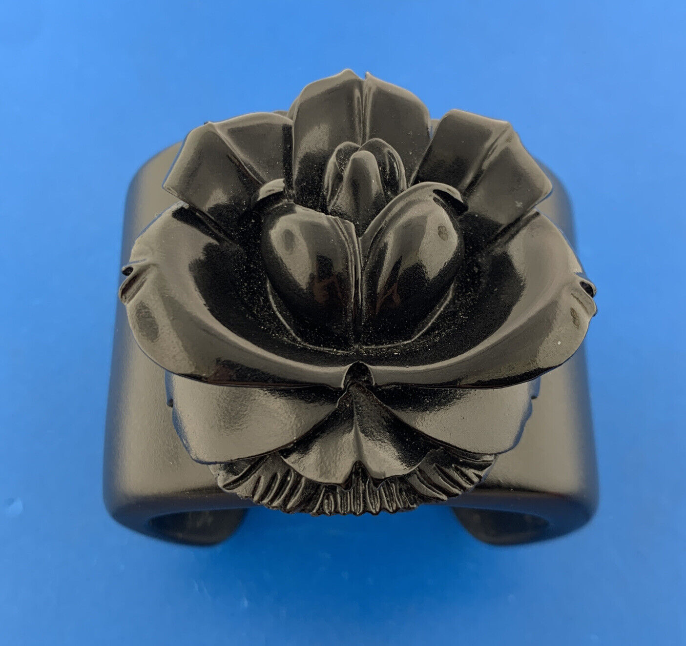 Mid Century Chunky Carved Black Lucite Rose Flower Statement Cuff Bracelet