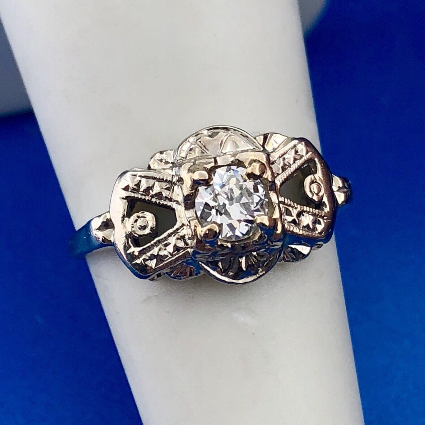 Art Deco 14K White Gold Diamond European Mine Cut Engagement Bridal Ring