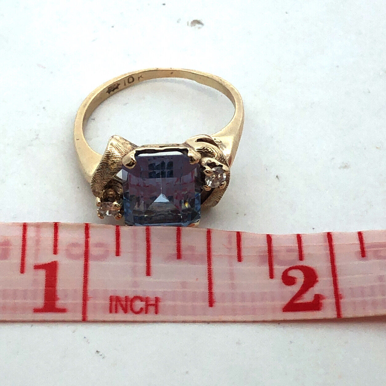 Designer 10K Yellow Gold Emerald Cut Blue Spinel Diamond Engagement Ring