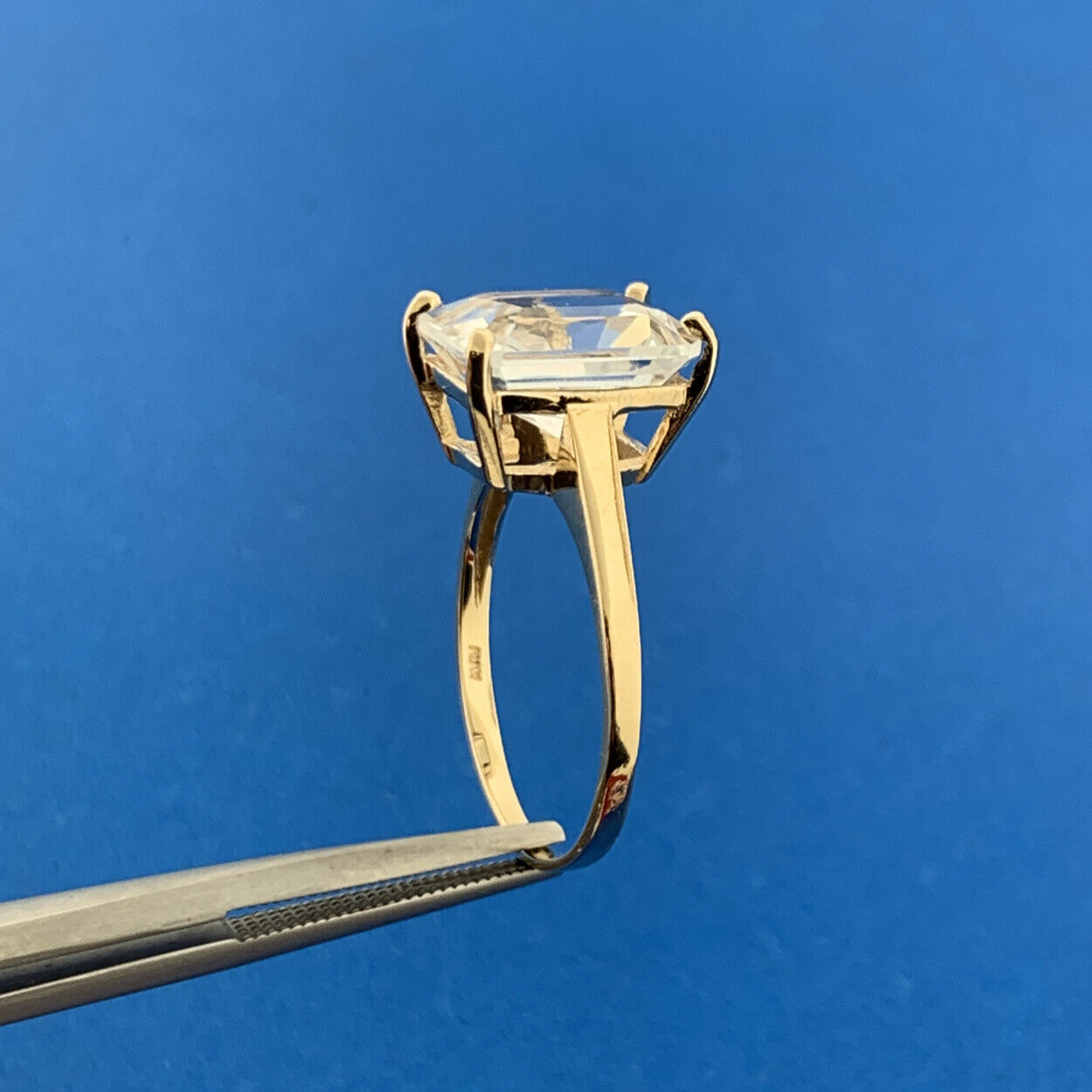 Designer 10K Yellow Gold Emerald Cut White Topaz Solitaire Statement Ring