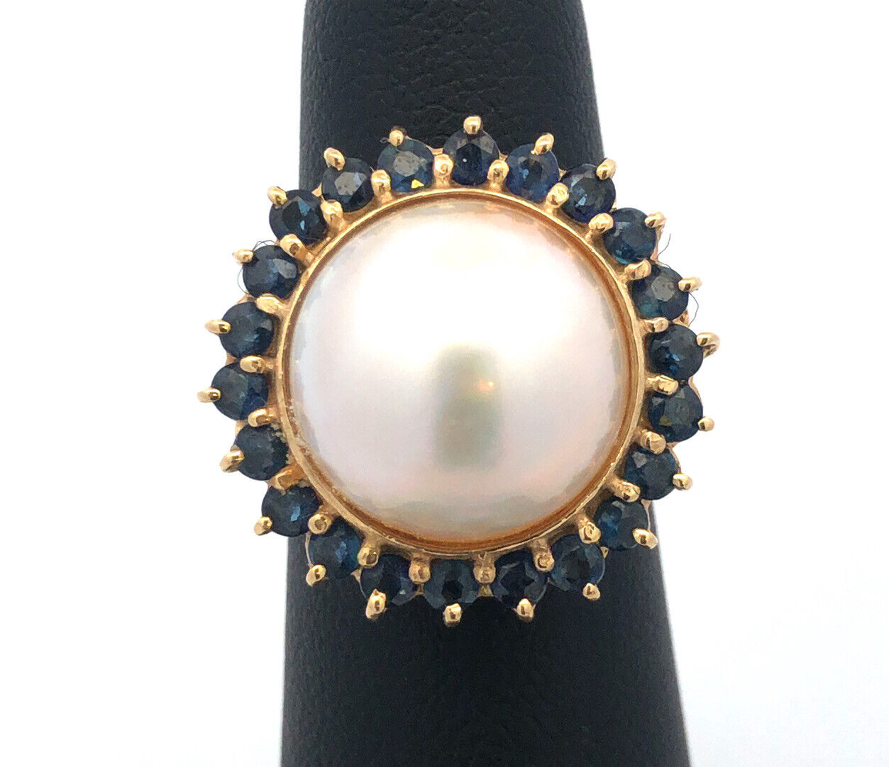 Vintage Designer 14K Yellow Gold Mabe Pearl Sapphire Halo Statement Cocktail Rin