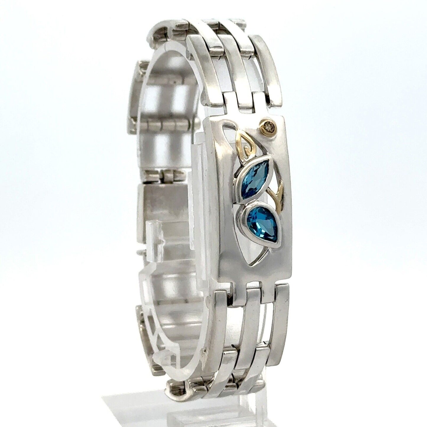 Unisex 18K Yellow Gold Sterling Silver Blue Topaz Diamond Modernist Bracelet