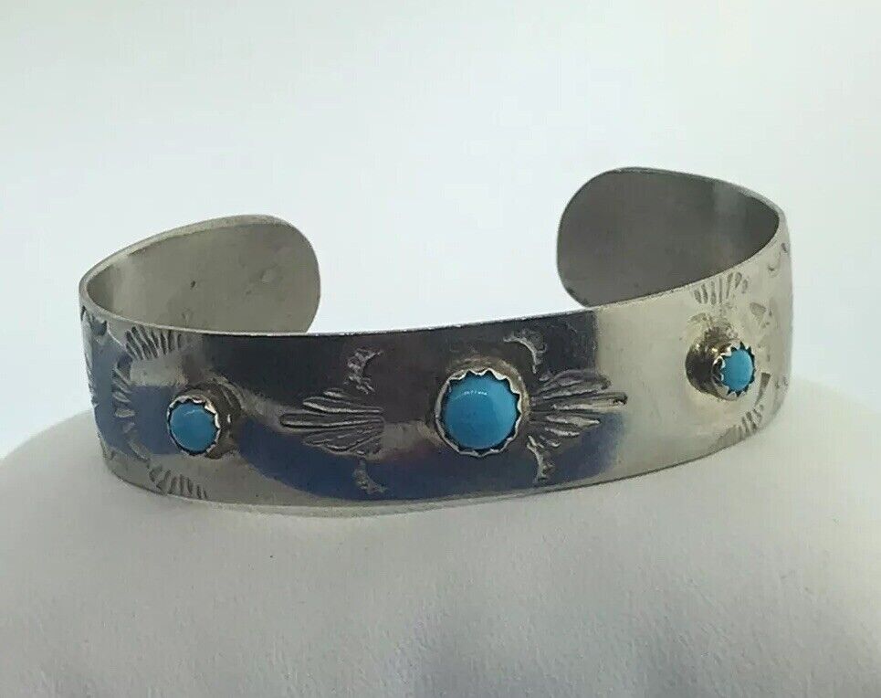 Vintage Childs Silver Tone Faux Turquoise Storyteller Etched Cuff Bracelet