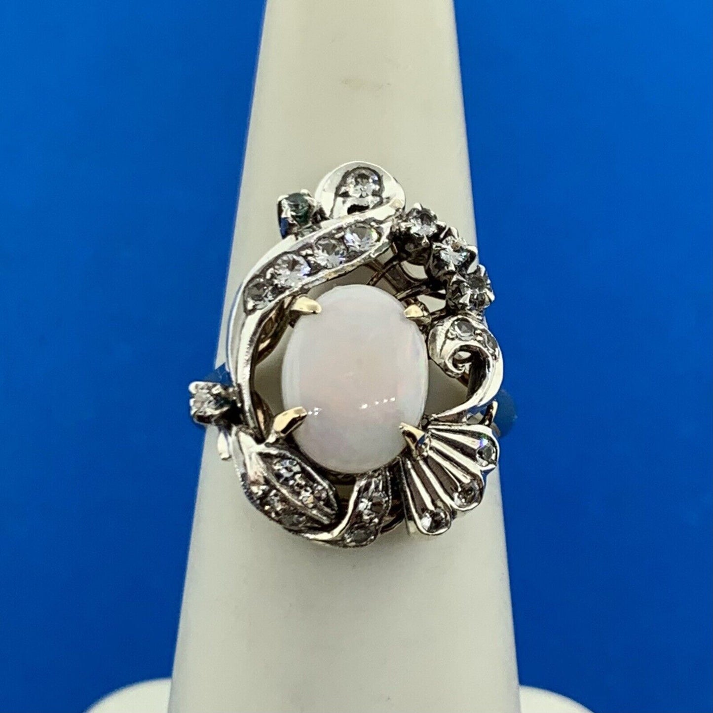 Vintage 10K Yellow Gold 925 Sterling Silver Opal White Amethyst Ring