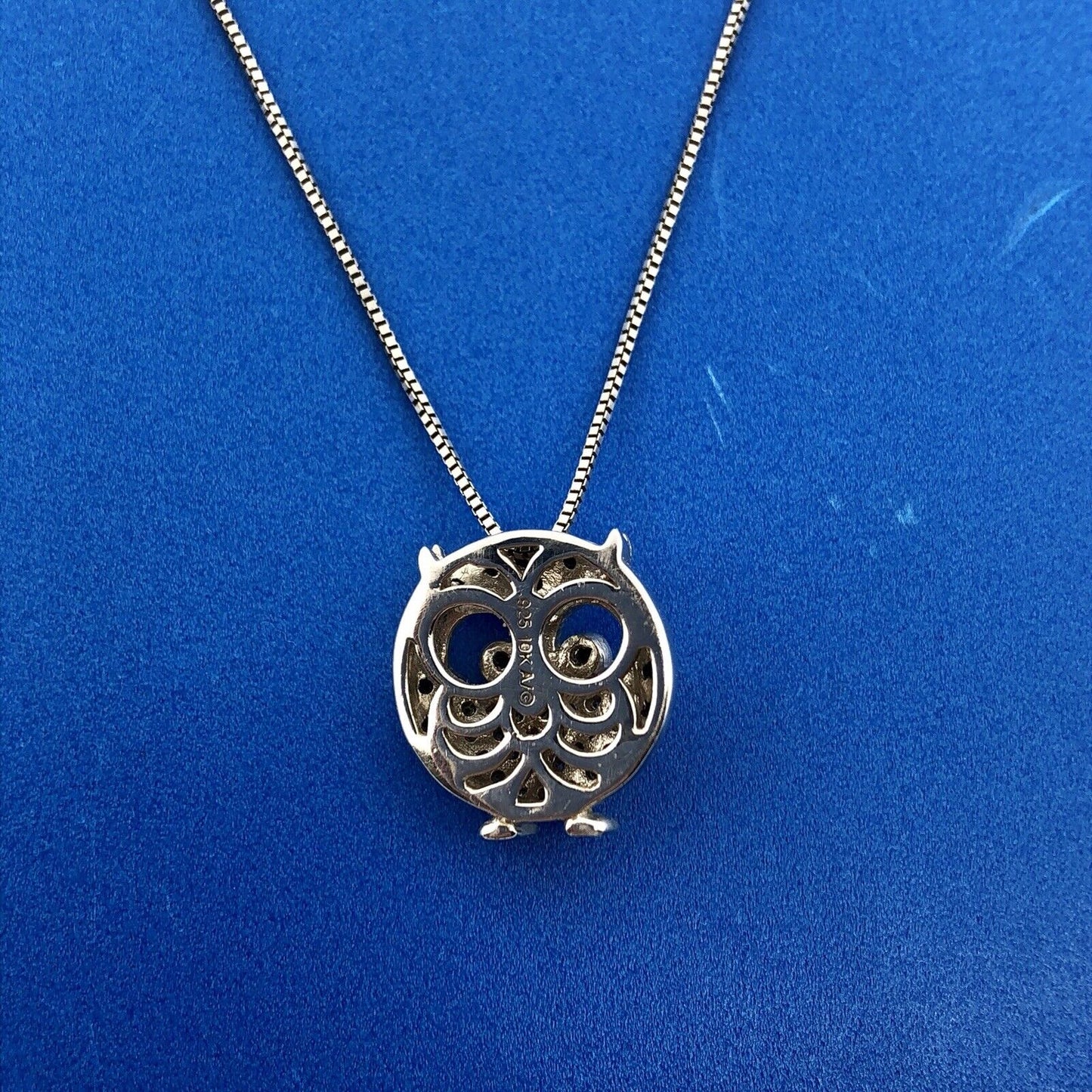 Designer 10K Yellow Gold Sterling Silver Black White Diamond Chubby Owl Necklace